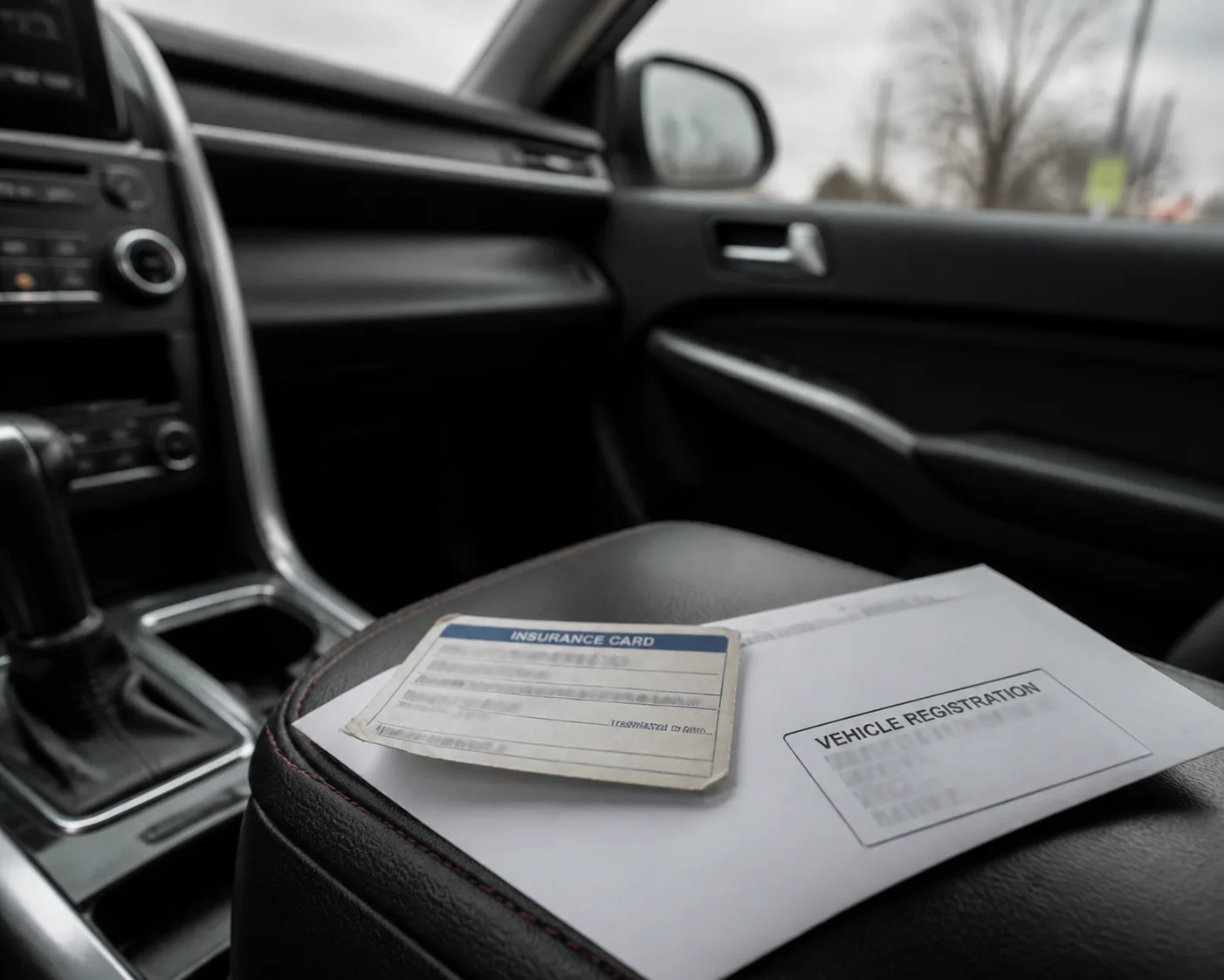 Insurance and vehicle documents arranged inside a parked car