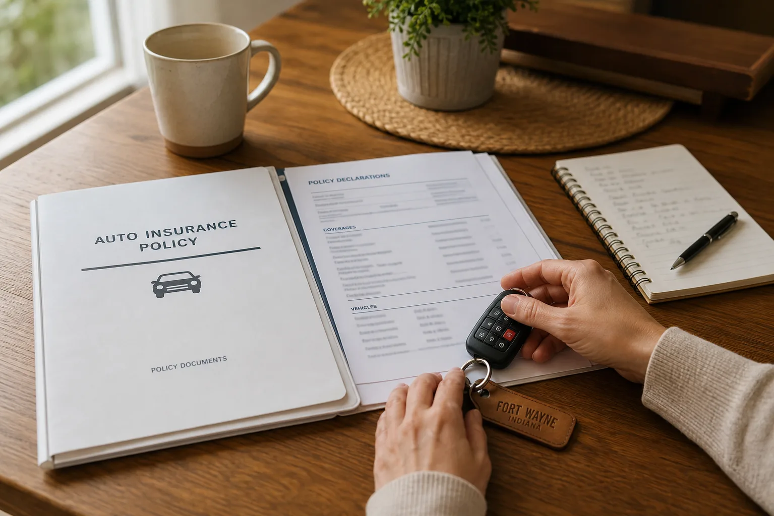 A person organizing auto insurance documents and car keys at a table