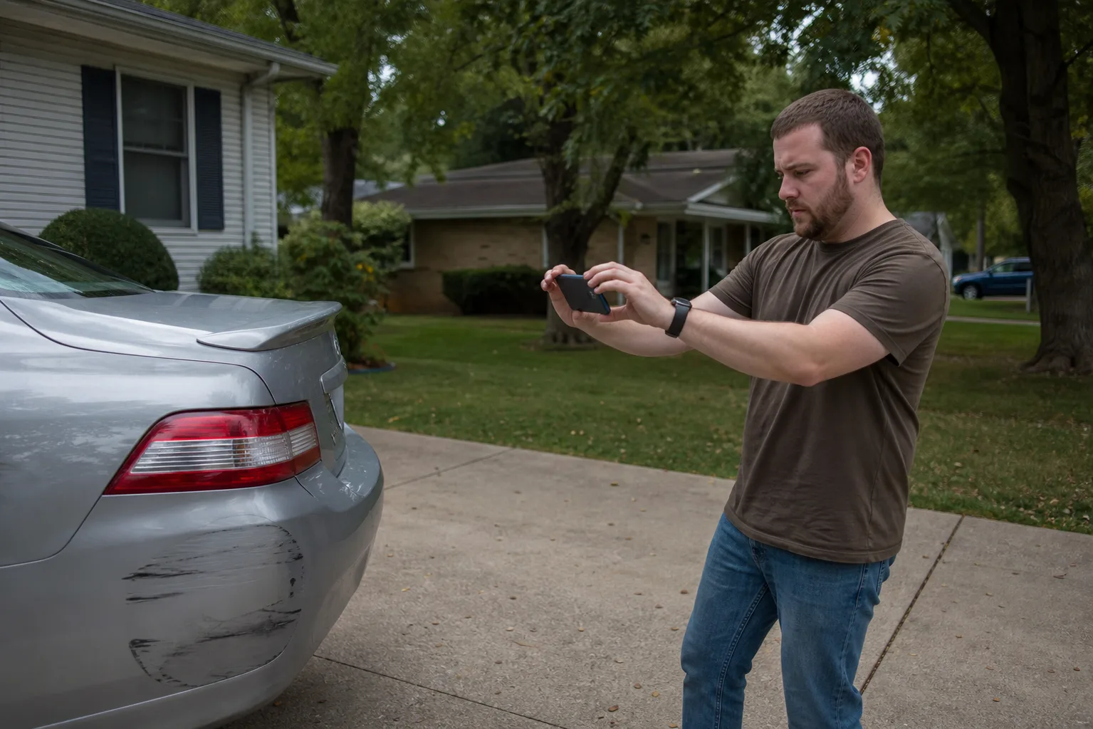 A person documenting vehicle damage in an Indiana driveway