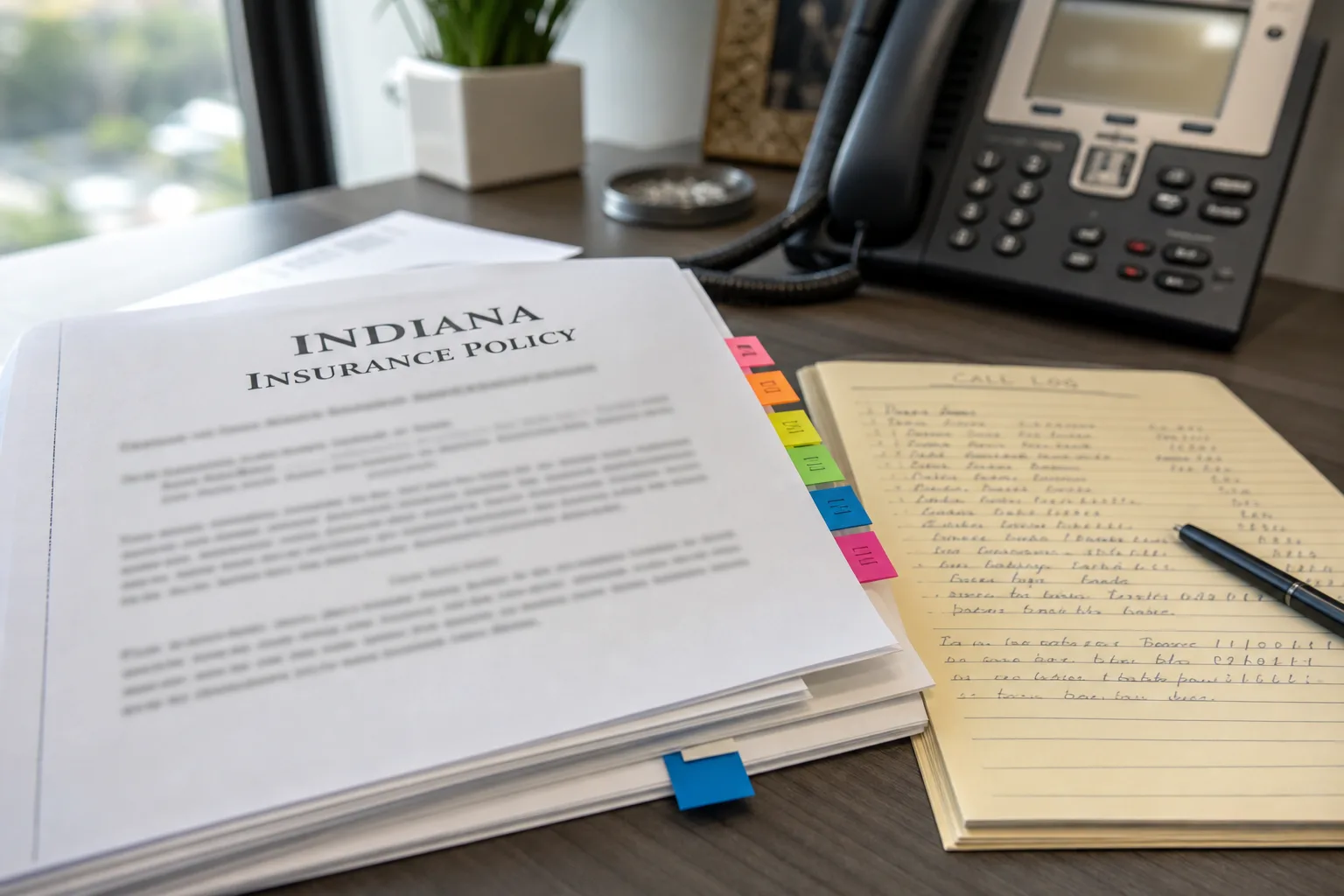 An insurance policy and call log prepared for a coverage review