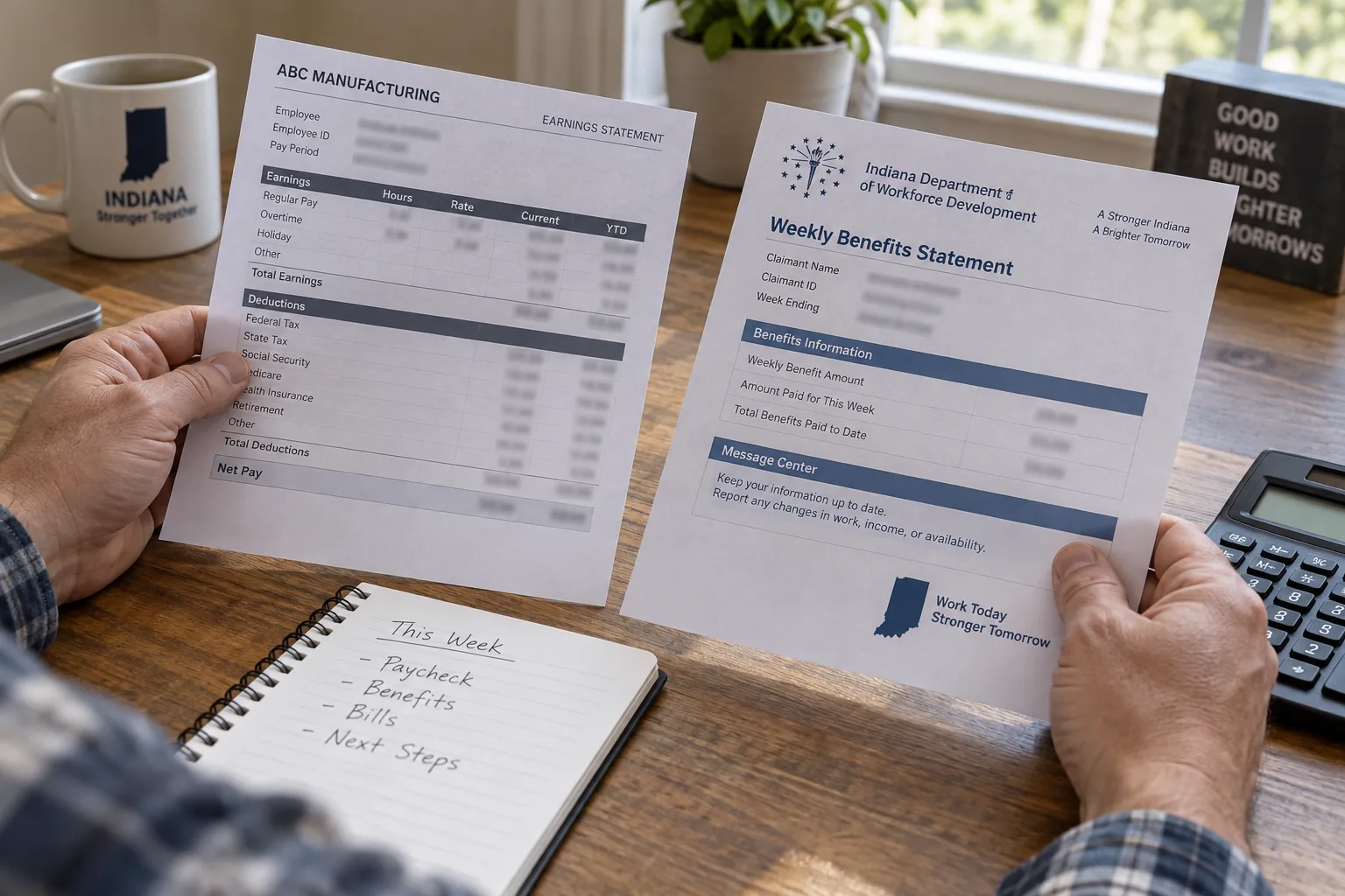 Worker comparing a pay stub with a weekly benefits statement