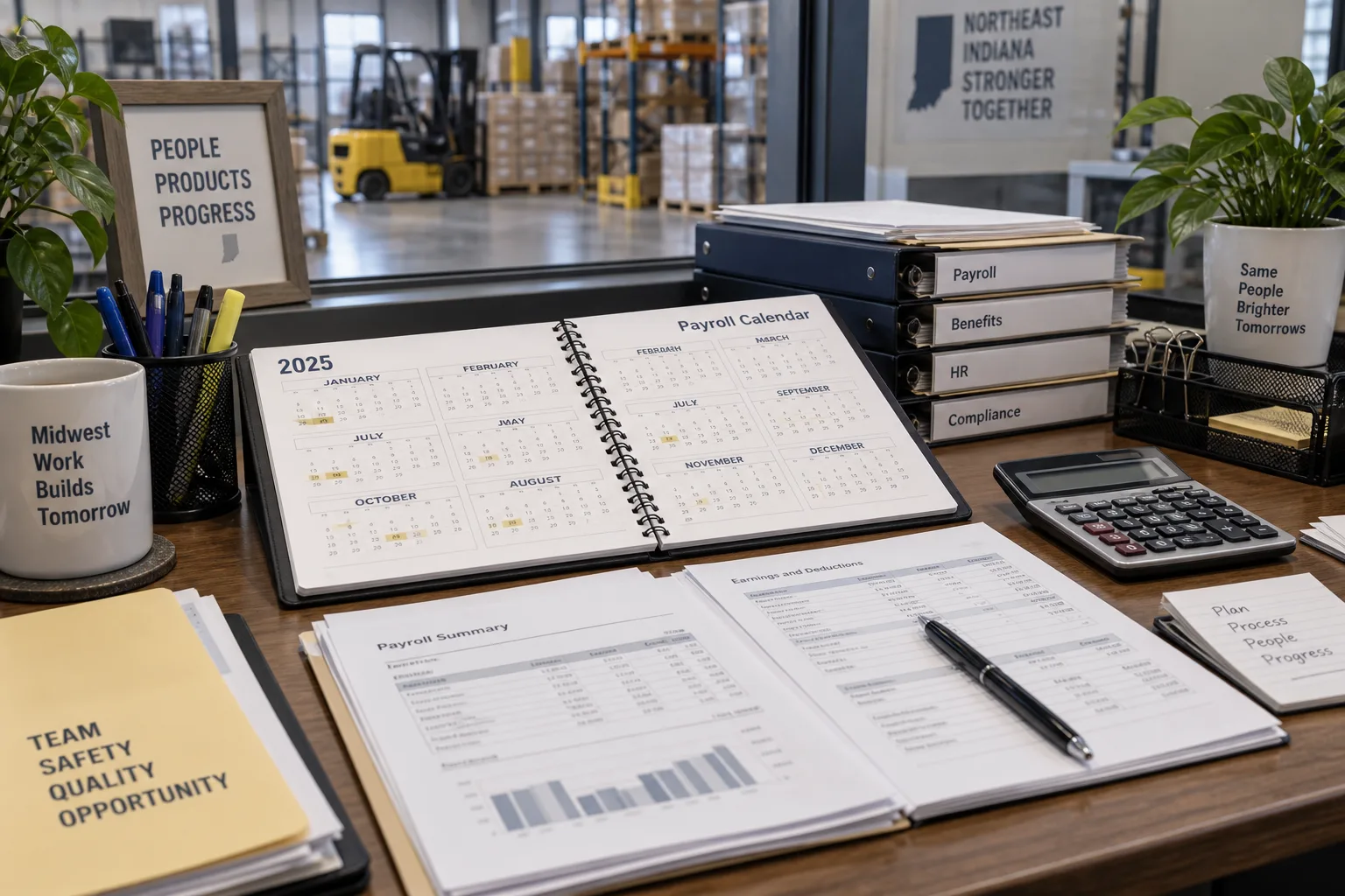 Organized payroll records and a calendar used to review weekly wages