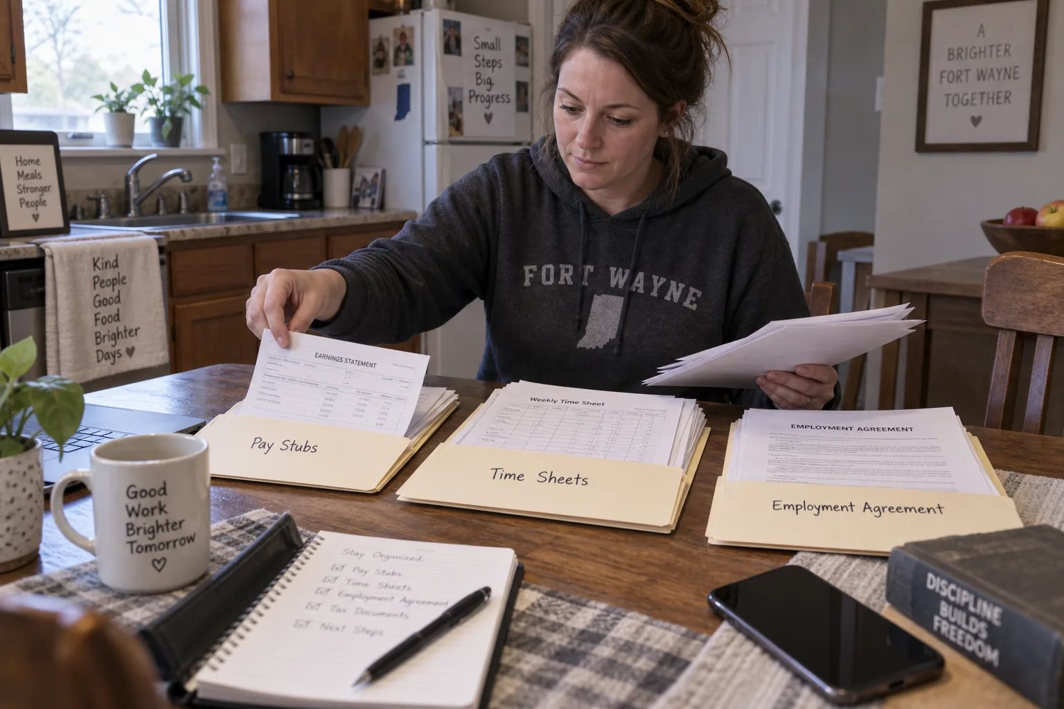 Worker organizing pay stubs, time sheets, and employment records