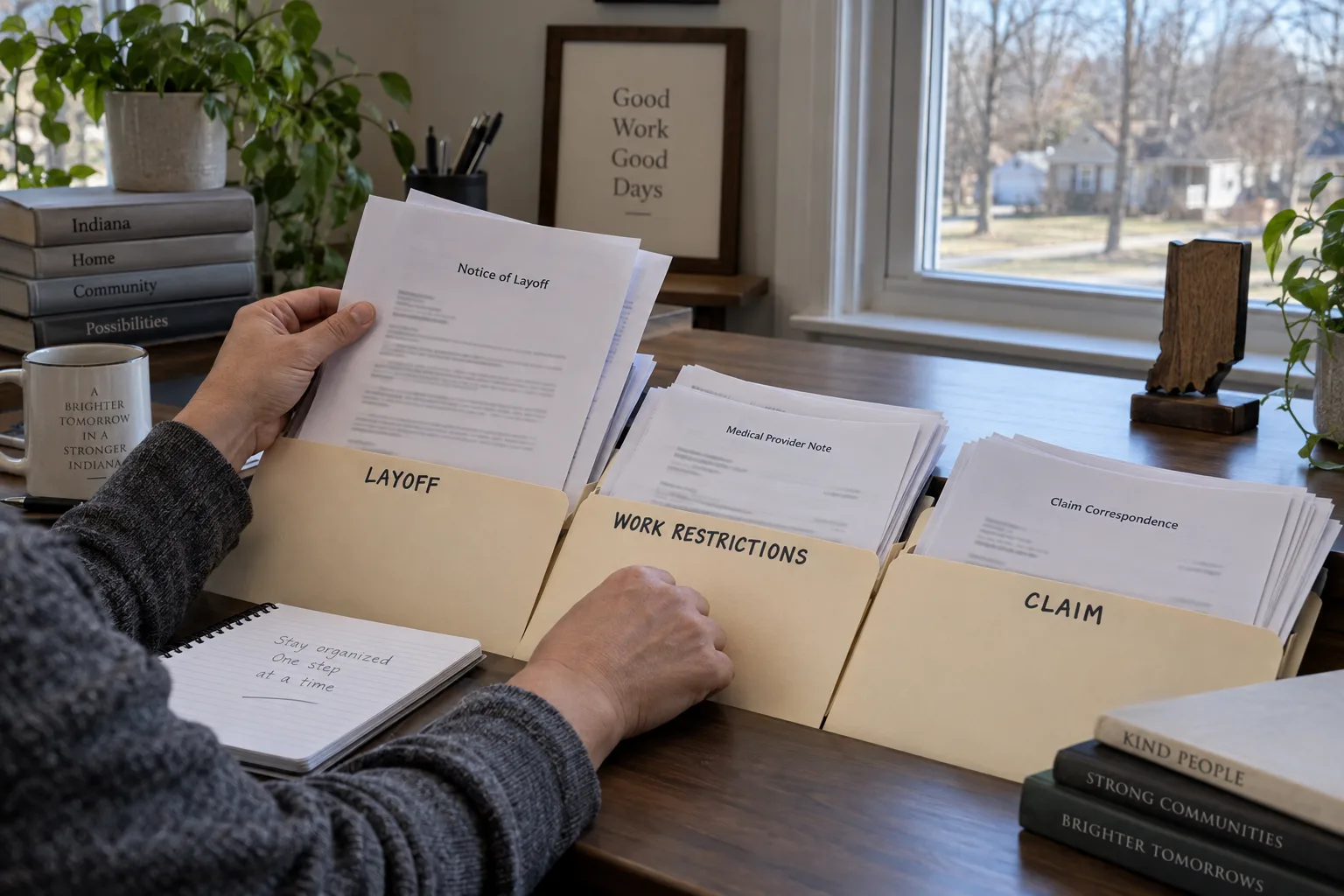Worker organizing a layoff notice, medical restrictions, and claim correspondence.