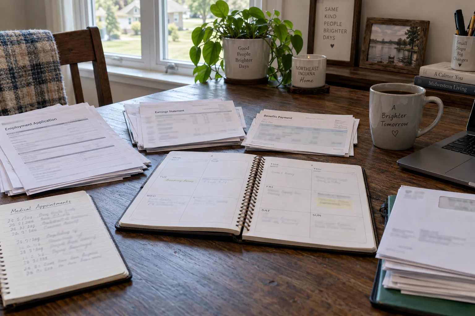Organized records for benefit payments, job applications, and medical appointments.