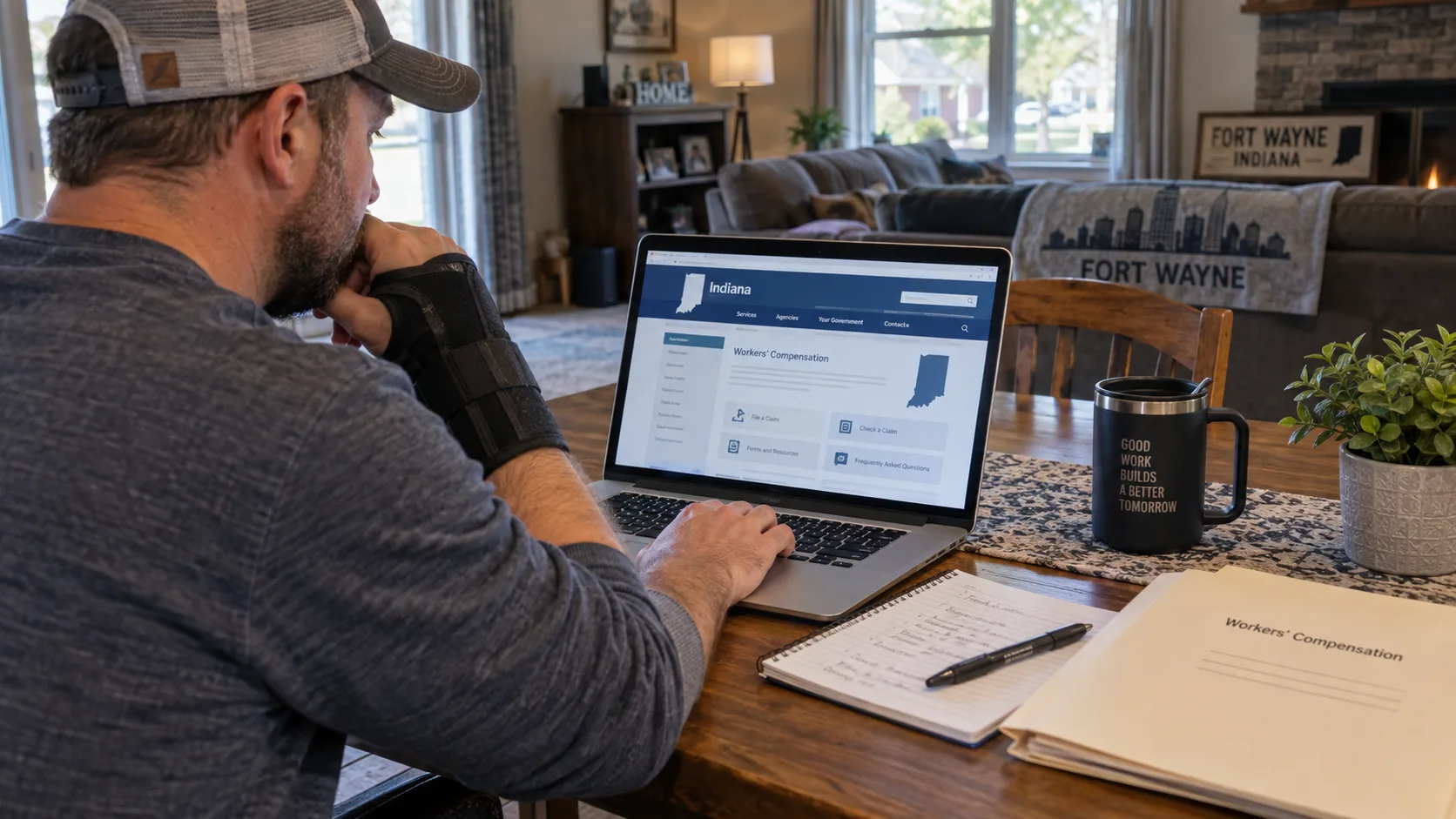 Indiana worker reviewing official workers’ compensation dispute information online.