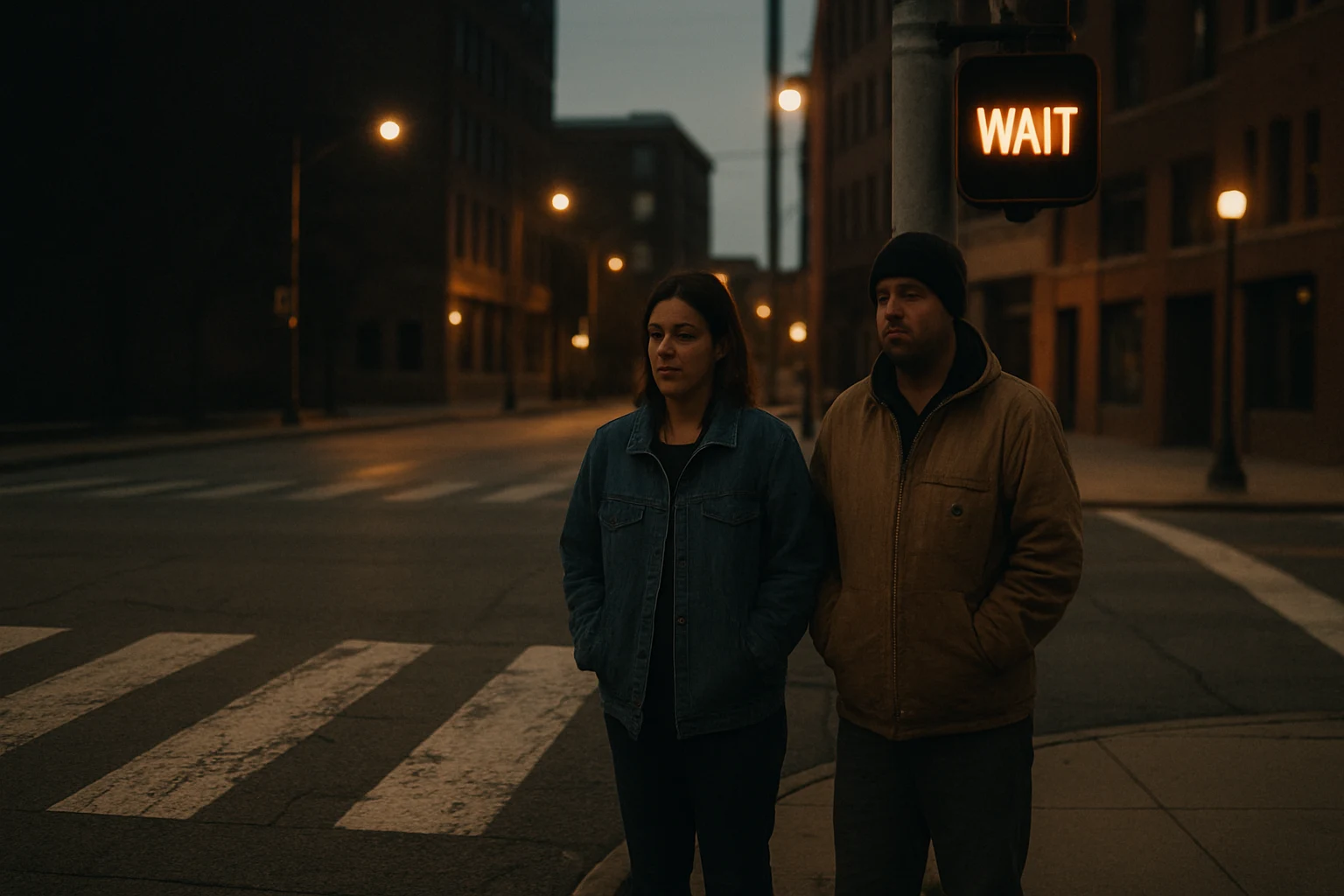 A marked crosswalk in downtown Fort Wayne at dusk with pedestrians waiting for a walk signal