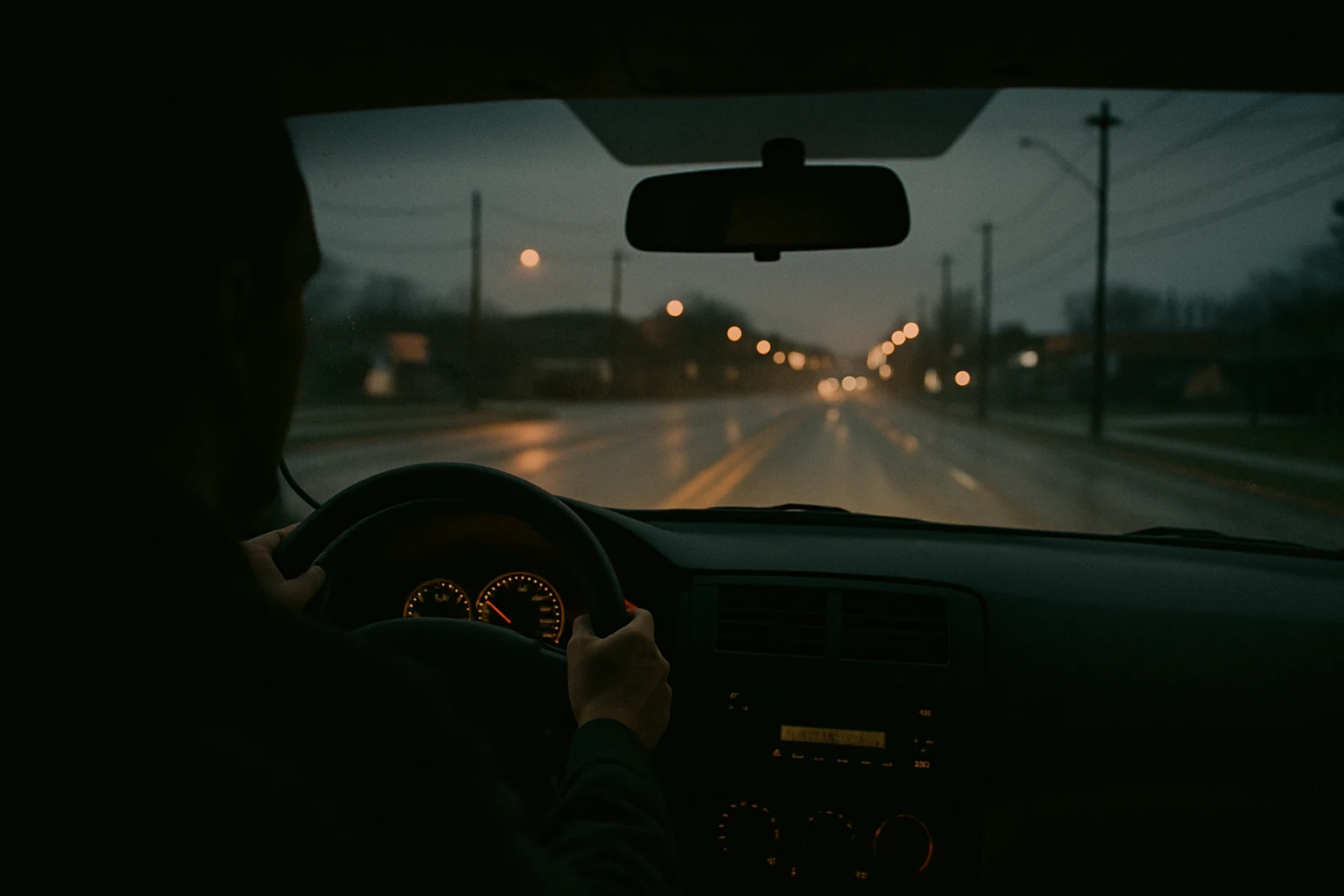 Driver's-eye view through a windshield on a Fort Wayne street at dusk, headlights illuminating an empty stretch of pavement ahead