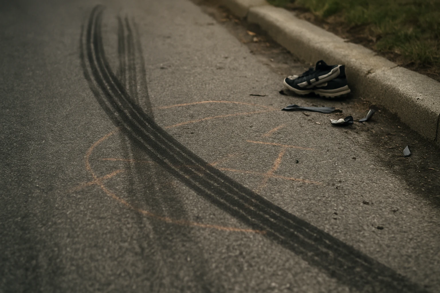 Skid marks and chalk markings on the asphalt of a Fort Wayne street where a pedestrian crash was investigated