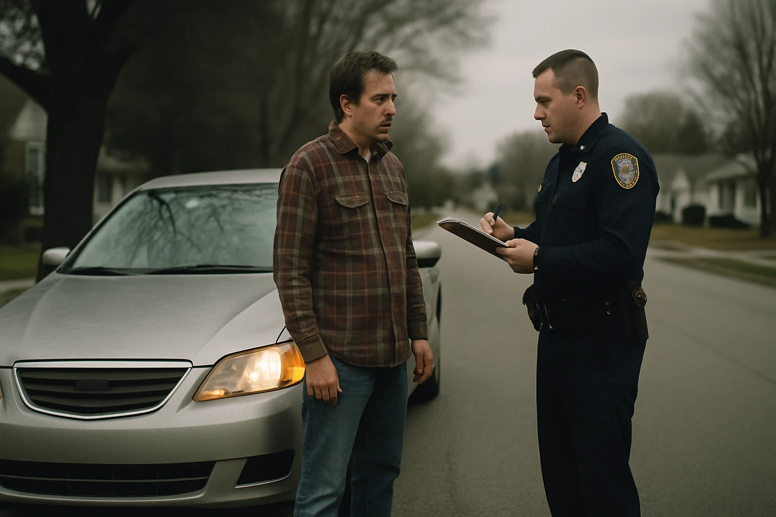 A driver in a Fort Wayne neighborhood giving a statement to a uniformed police officer next to a stopped sedan