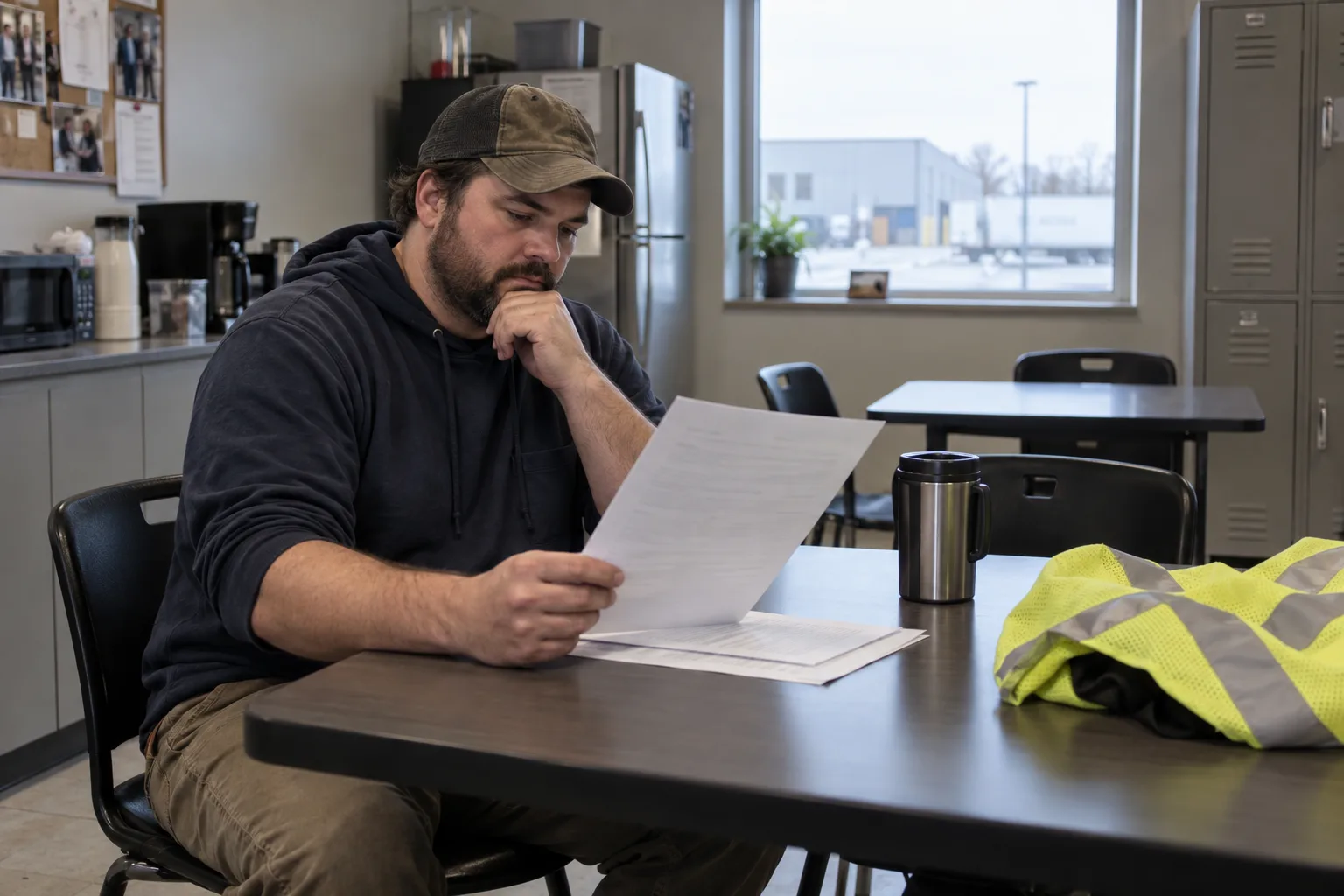 Warehouse worker reviewing written medical restrictions in a break room