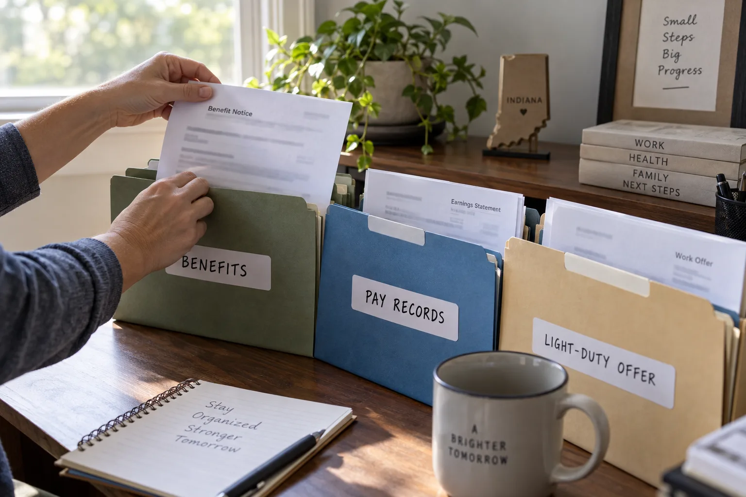 Worker organizing benefit notices, pay records, and a light-duty offer