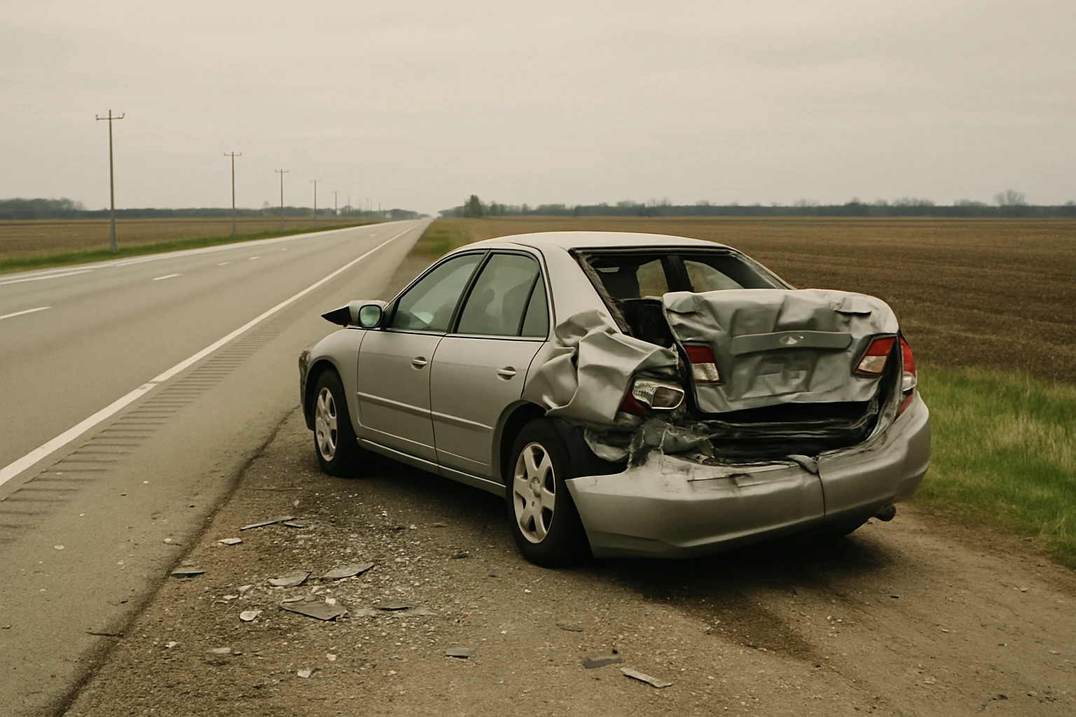 Crushed sedan on the shoulder of US-30 near Fort Wayne after a semi truck rear-end collision