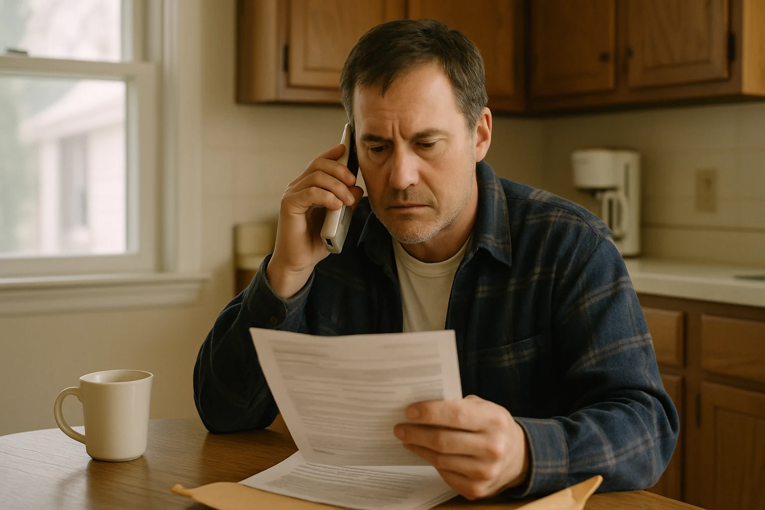 A man at his Fort Wayne kitchen table fielding an insurance adjuster phone call after a truck crash