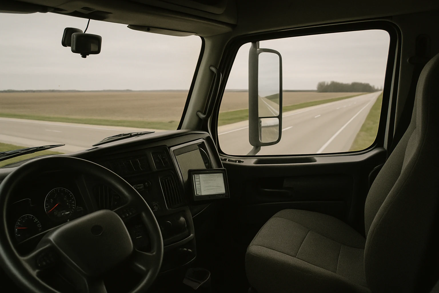 Forward-facing dashcam and electronic logging device inside the cab of a semi truck on a Indiana highway
