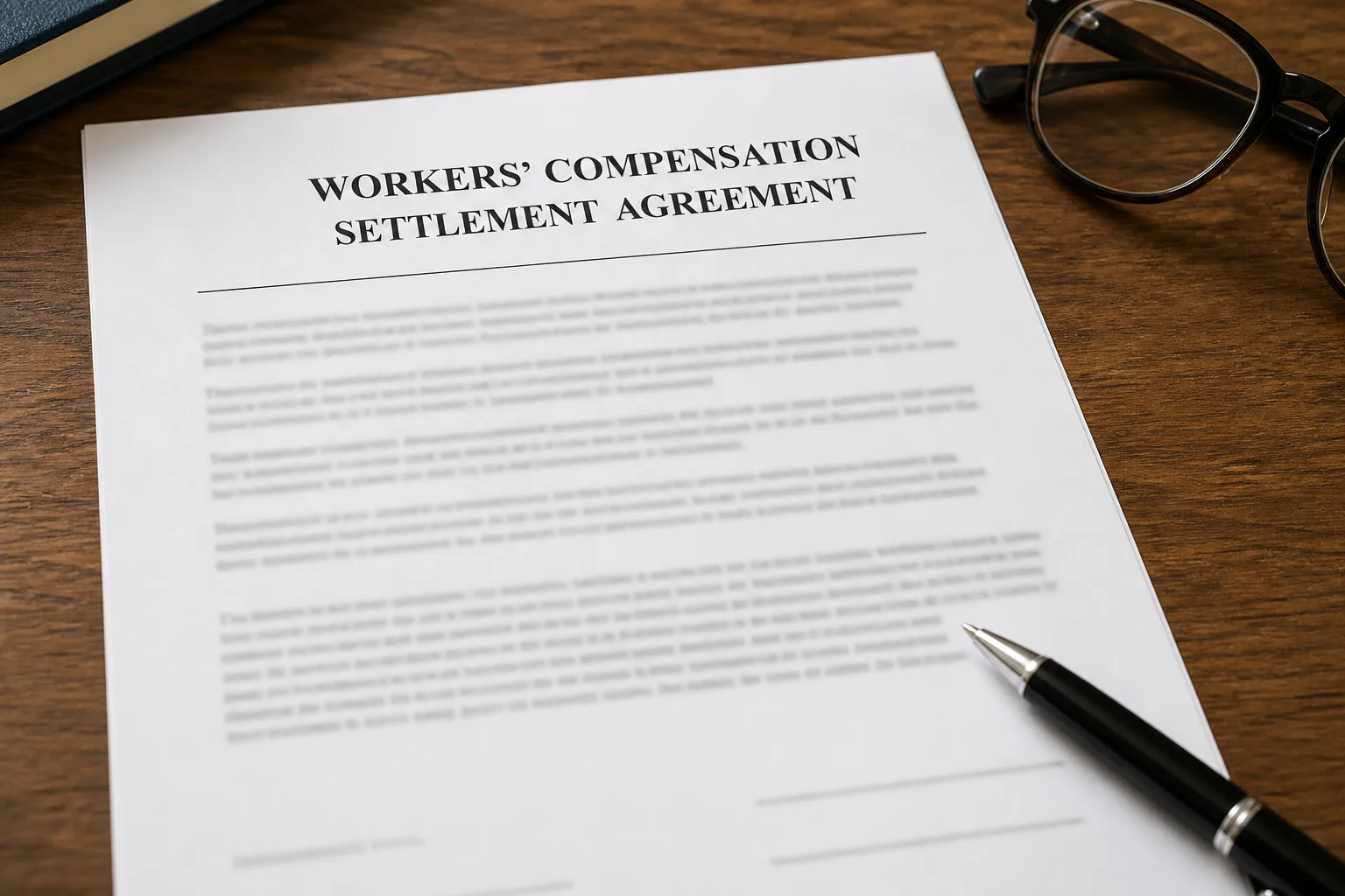 Printed Indiana workers' compensation settlement agreement with a pen on a desk