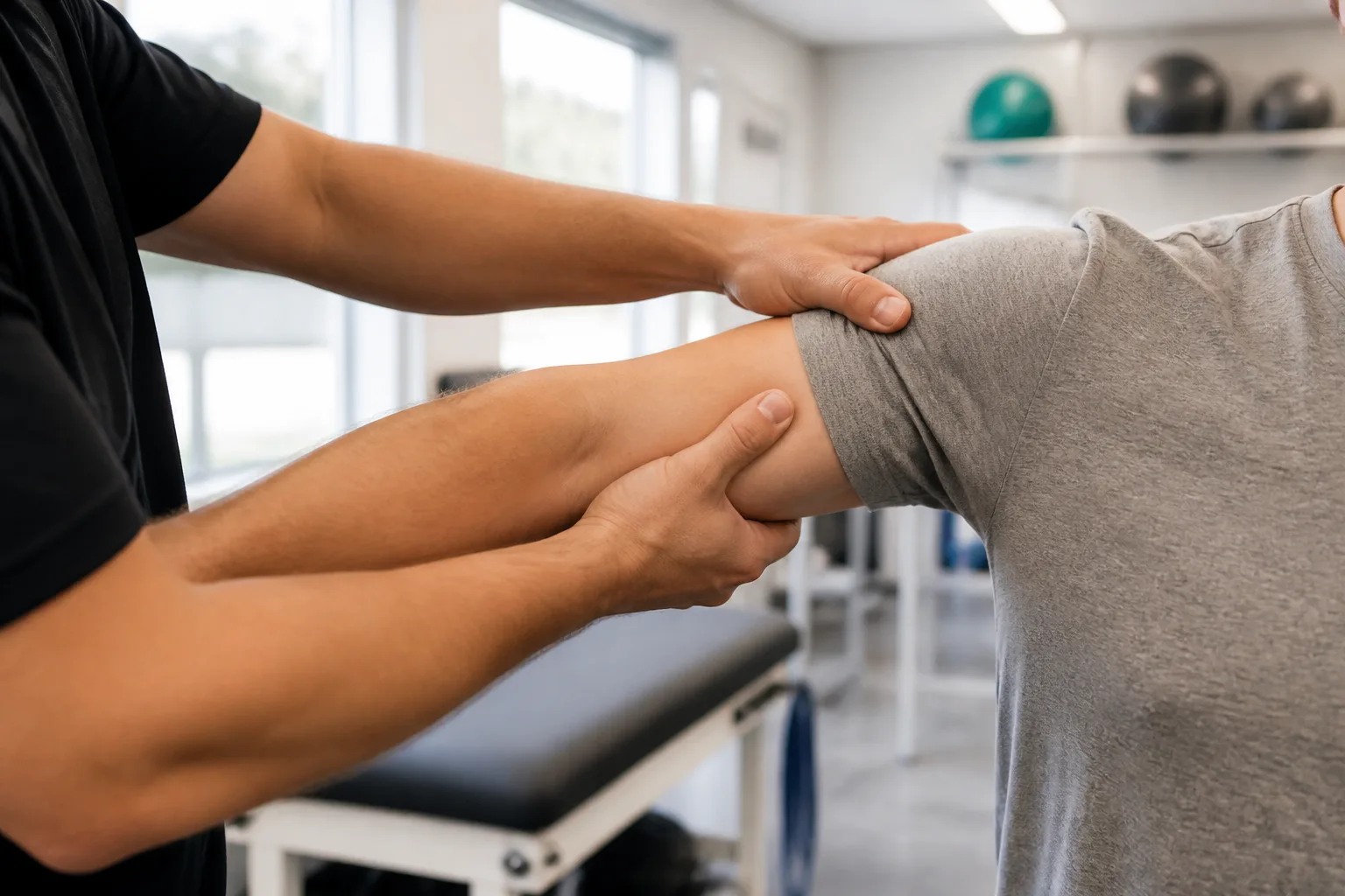 Physical therapy session showing ongoing treatment for a work-related shoulder injury