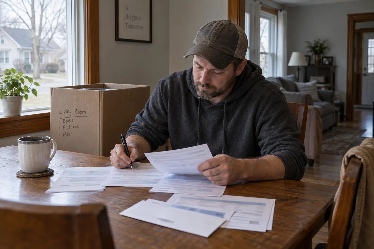 Worker holding a claim folder beside labeled moving boxes on a front porch