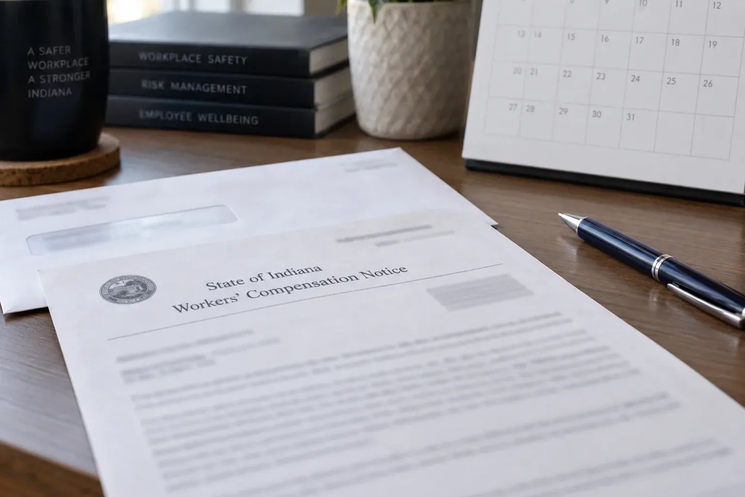 Workers' compensation notice, calendar, and pen on a desk