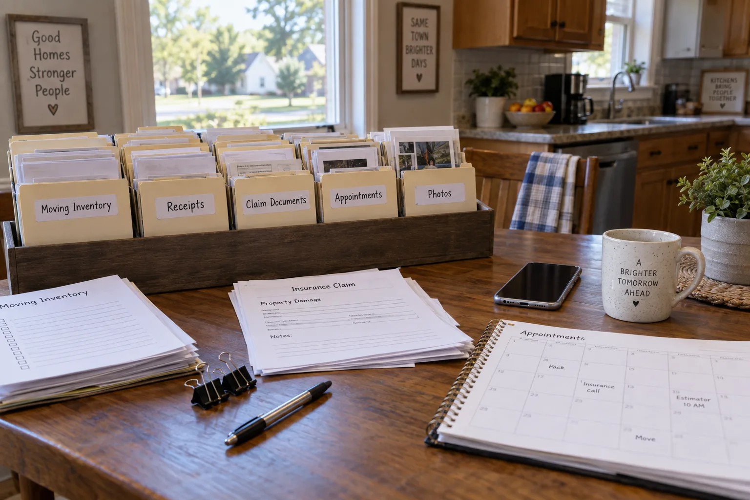 Organized claim records, receipts, and an appointment calendar on a kitchen table before a move