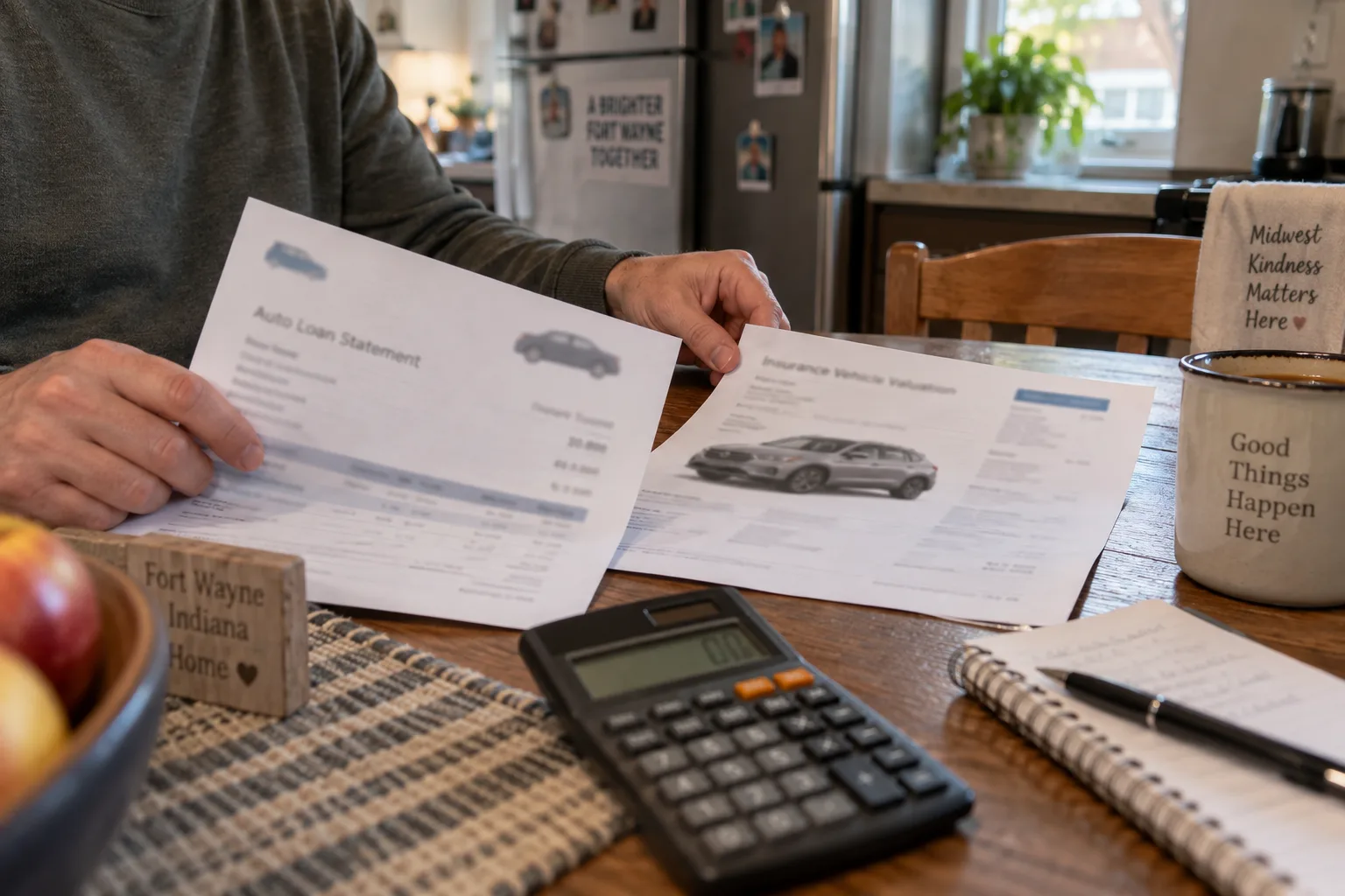 Vehicle owner comparing loan and insurance documents at a kitchen table
