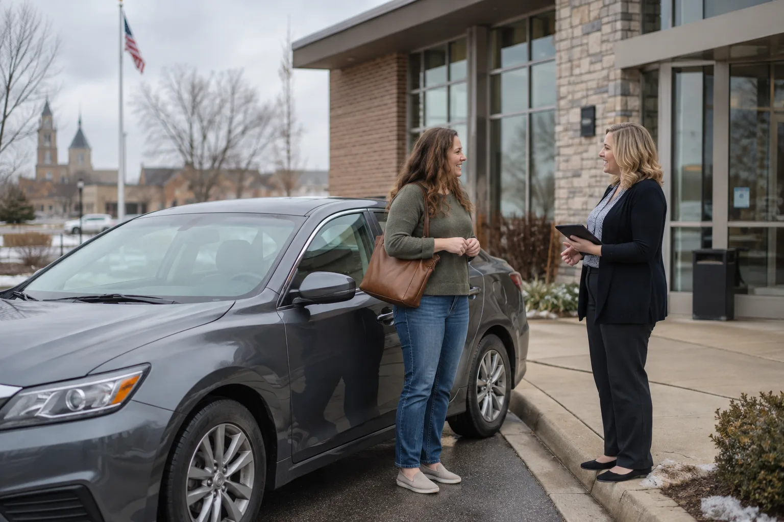 Indiana vehicle owner discussing a financed car with a lender representative