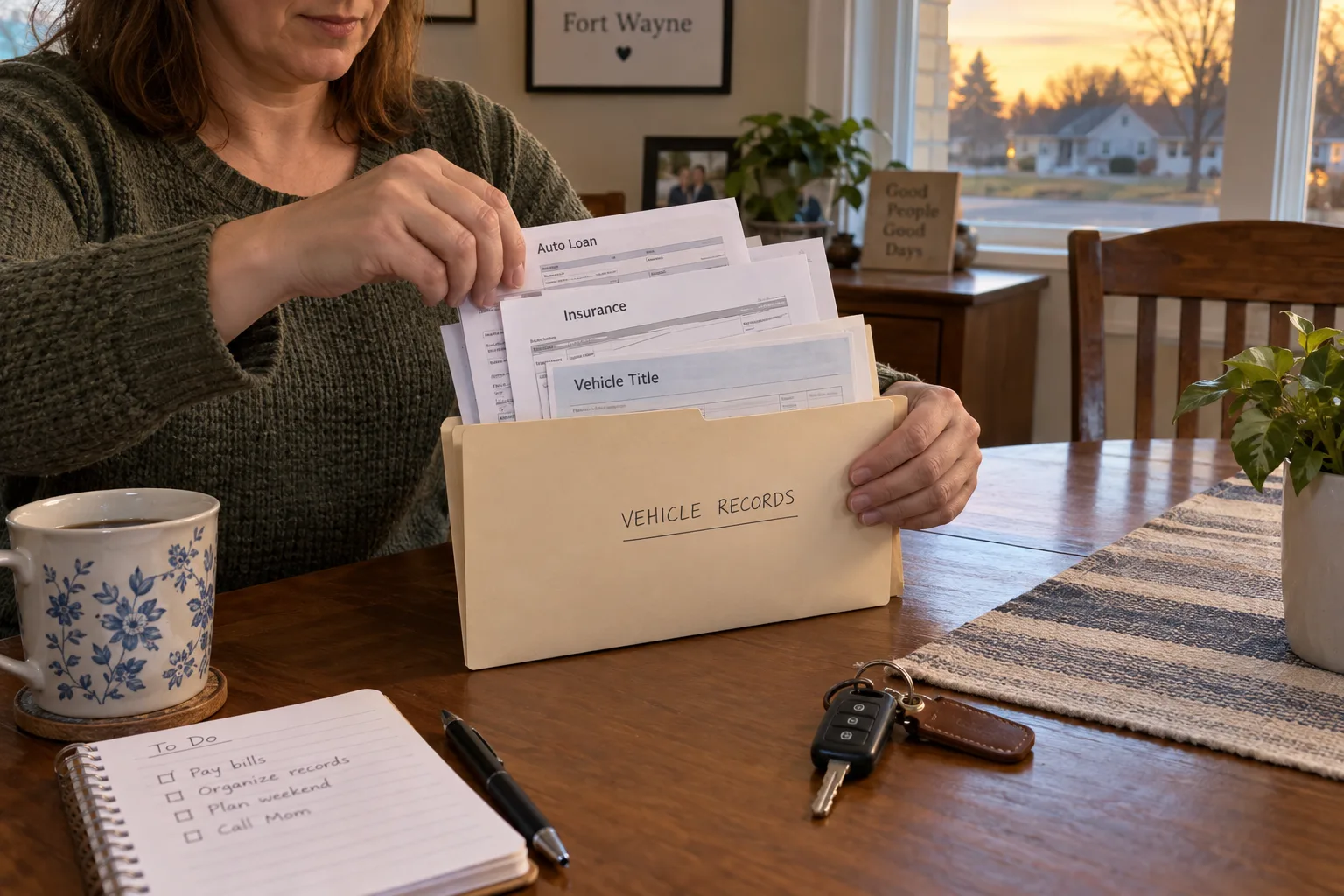 Organized insurance and loan records beside car keys