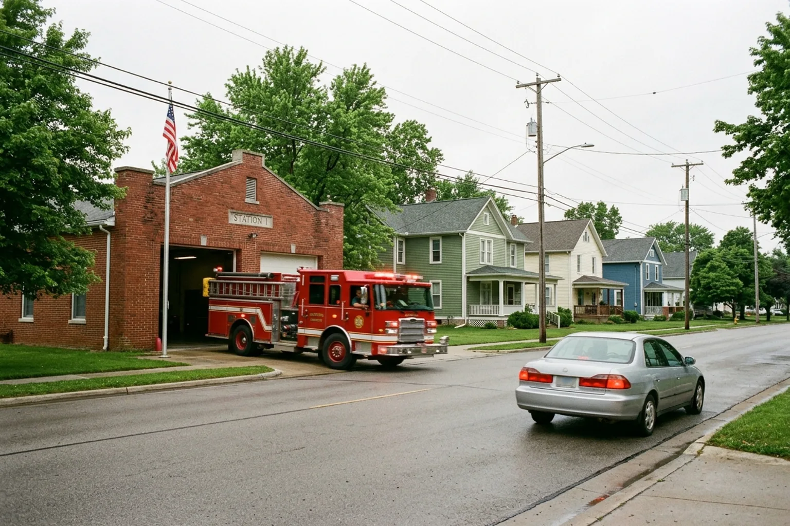 Fire engine leaving a northeast Indiana fire station while an approaching car slows and moves toward the curb to yield