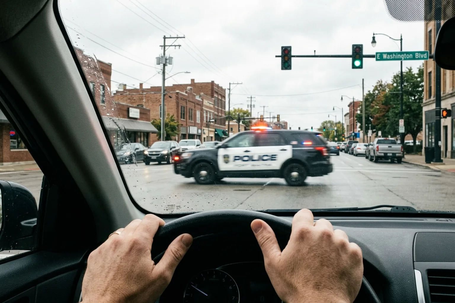 Driver’s view of a police vehicle with flashing lights crossing an intersection under a green signal for waiting traffic