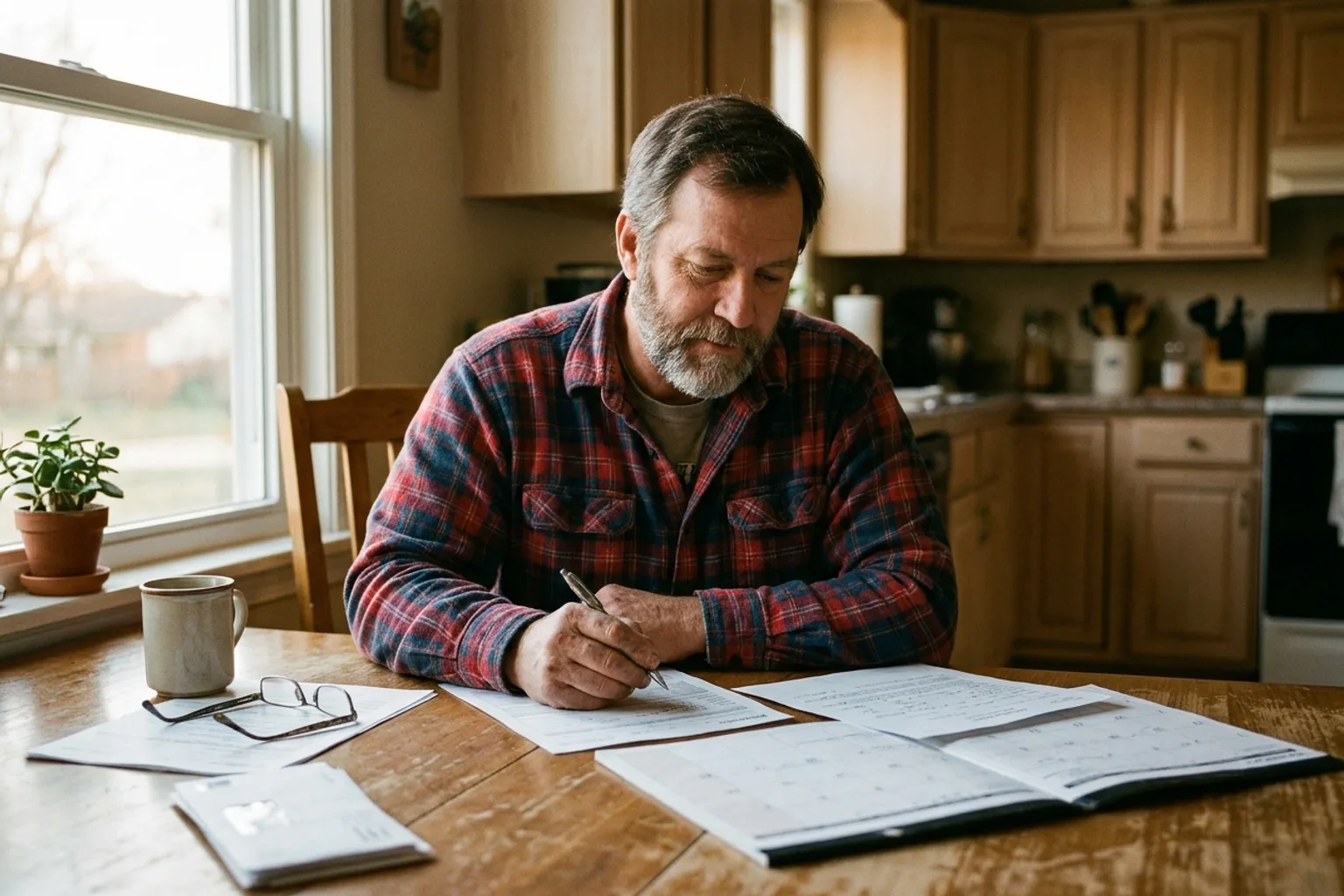 Indiana man reviewing claim paperwork and a calendar at his kitchen table, reflecting the short tort claim notice windows after a government vehicle crash