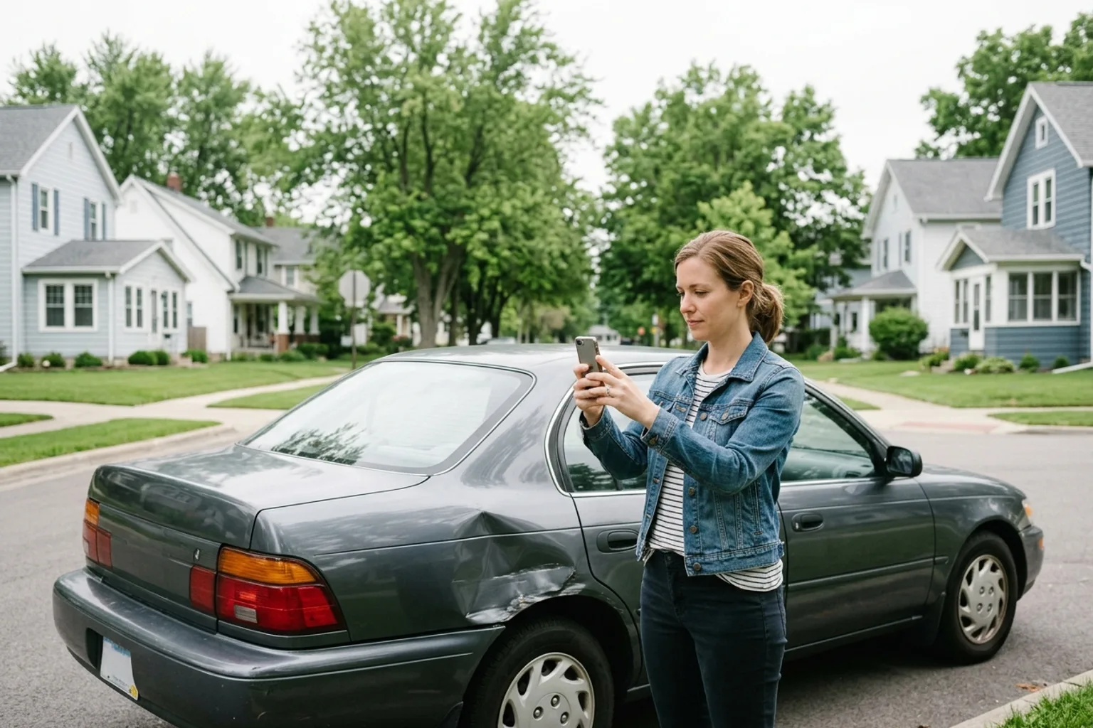 Woman holding a phone beside a sedan with damage near its rear wheel