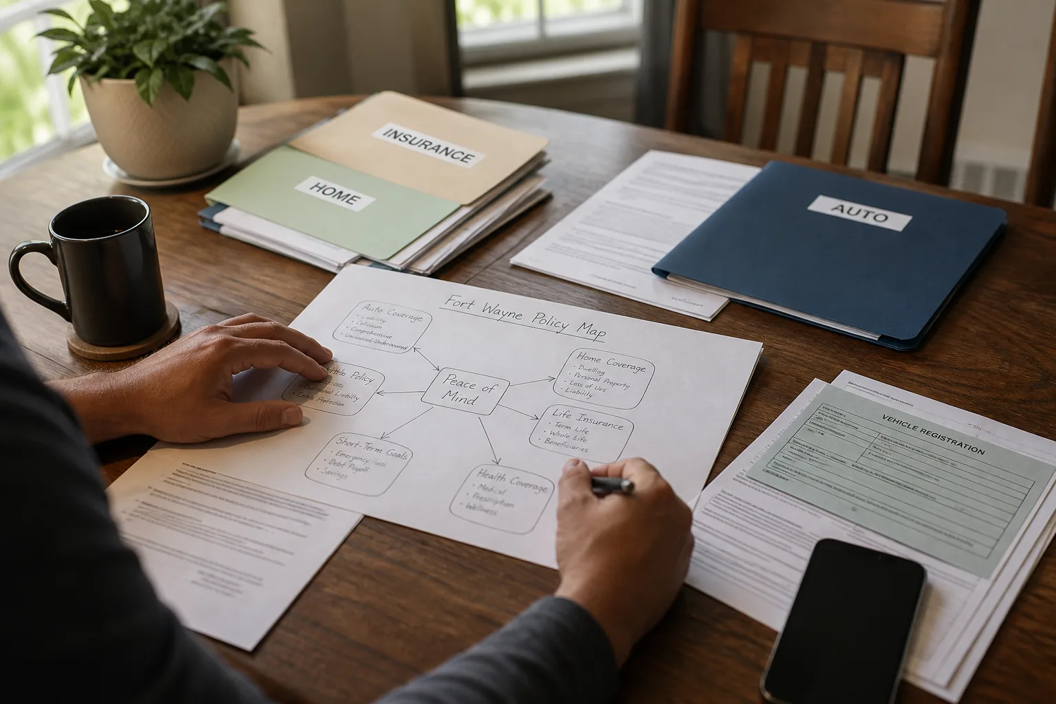 Person organizing vehicle and insurance information into a written document map