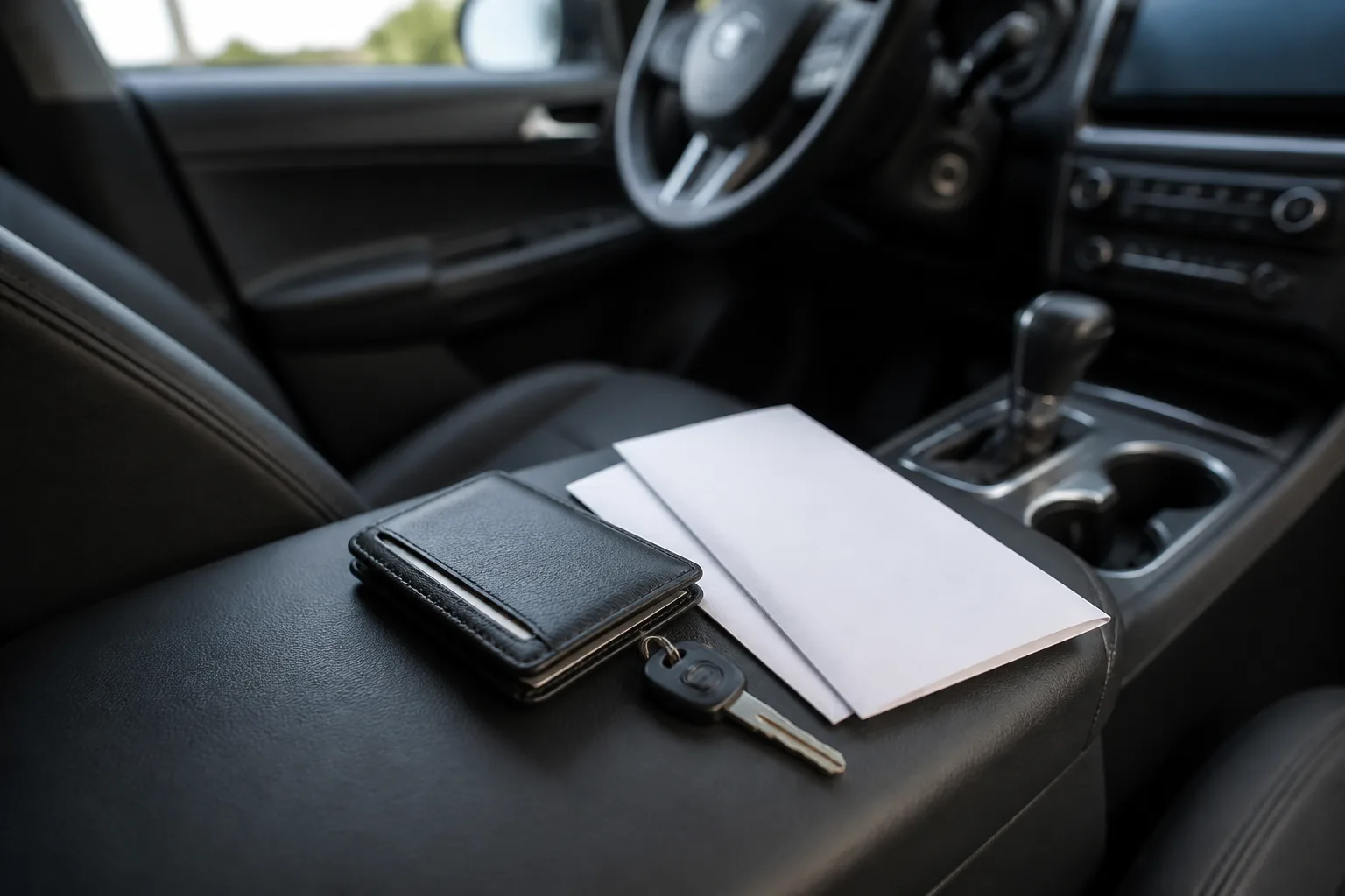 Insurance and medical-bill documents organized inside a parked vehicle