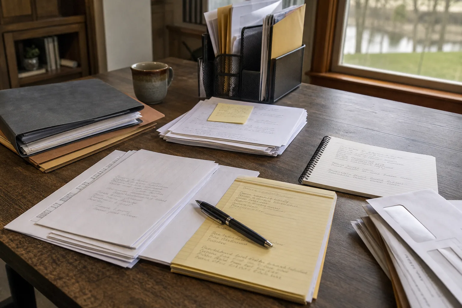 Insurance correspondence and claim notes organized on a desk