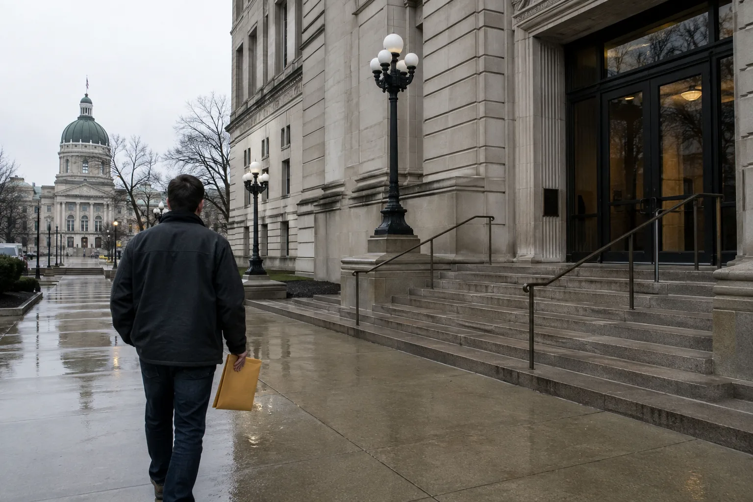 Visitor carrying workers’ compensation documents to an Indiana government office