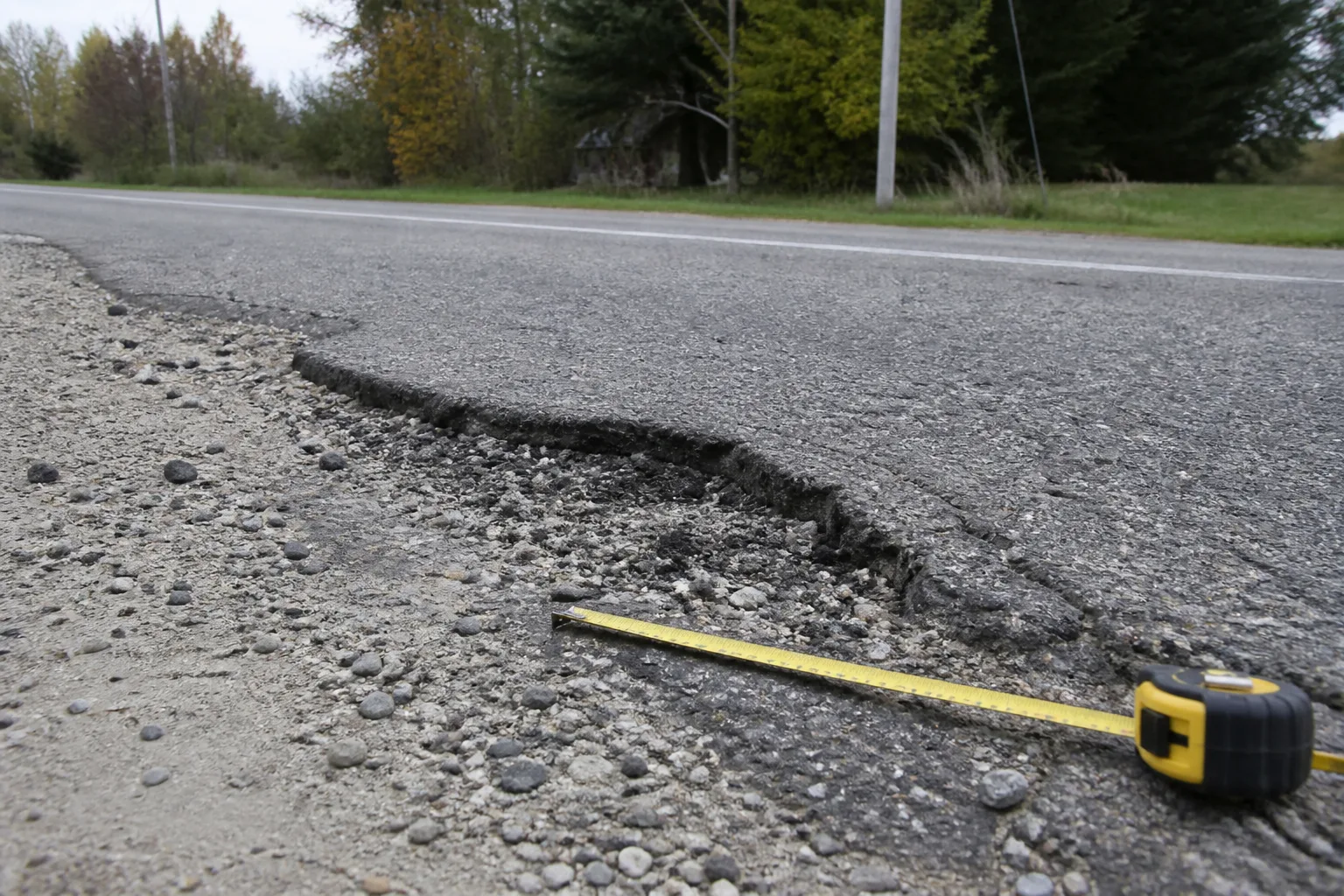 Measuring tape beside a pothole and broken pavement edge