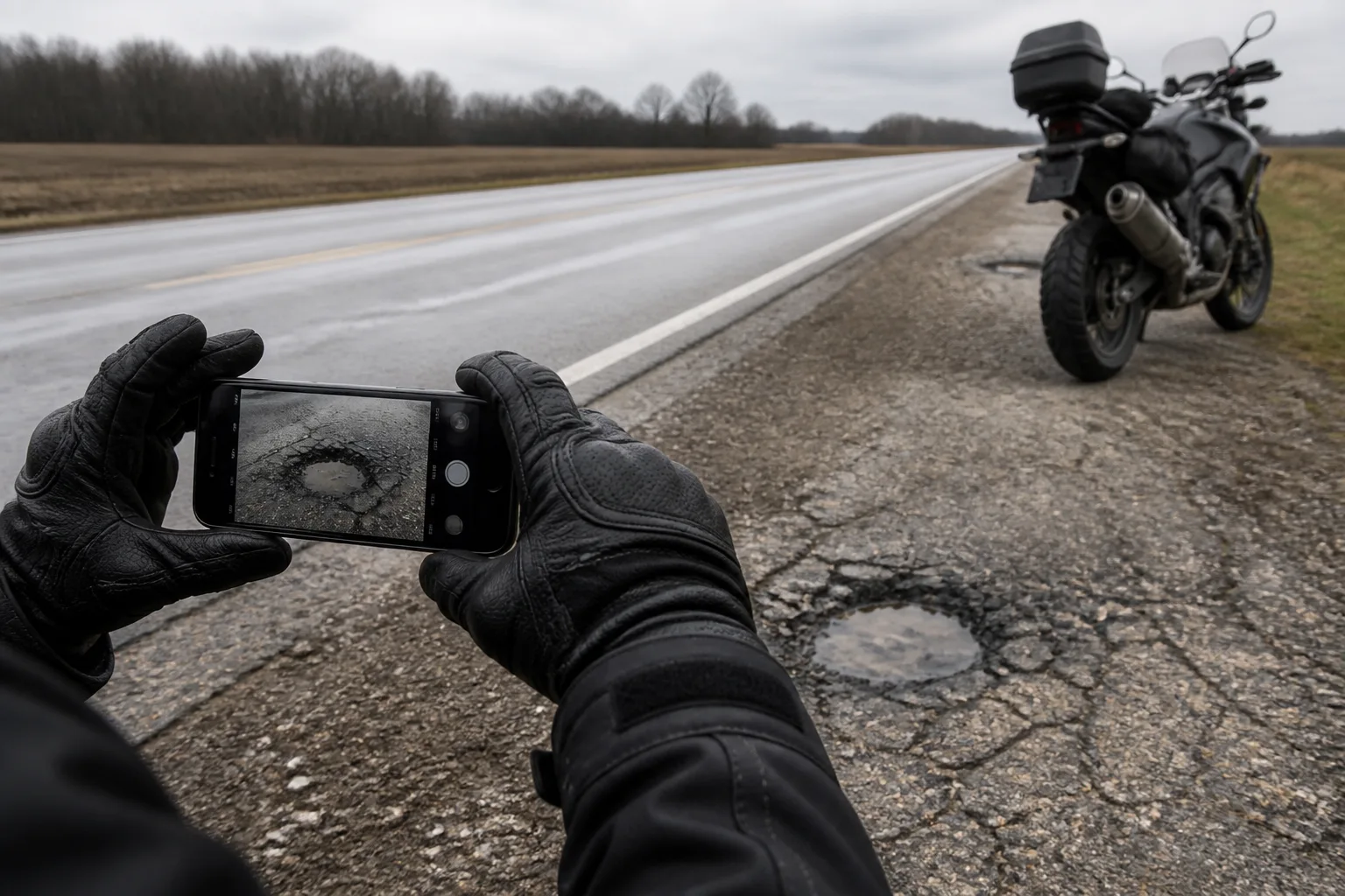 Motorcyclist photographing damaged pavement from a safe shoulder