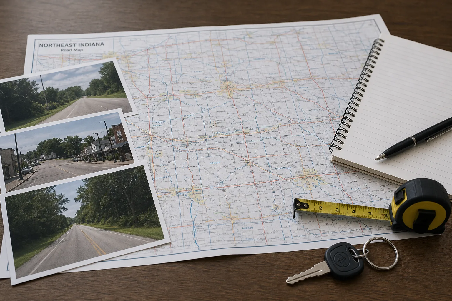 Road-crash evidence organized with photographs, notes, and a map