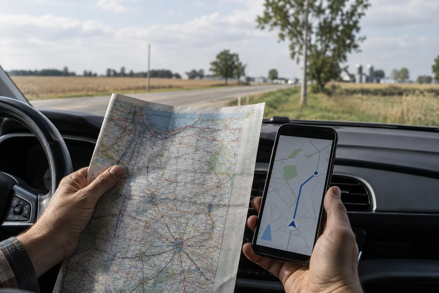A driver reviews a route map while parked beside a northeast Indiana road.