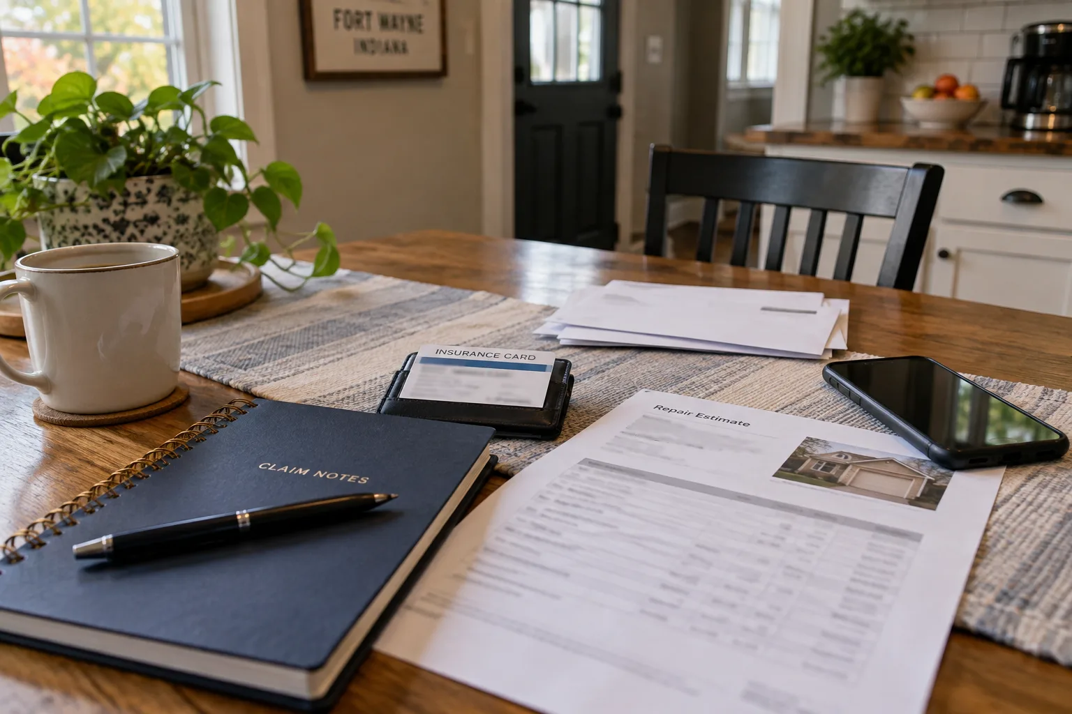 Insurance and claim documents organized on a table.