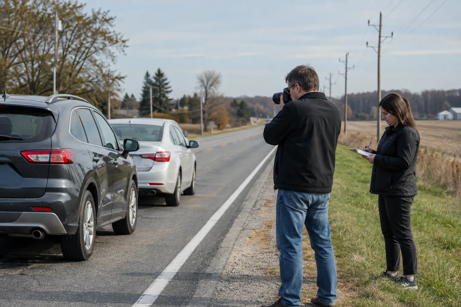 People document vehicles and road conditions after an Indiana crash.