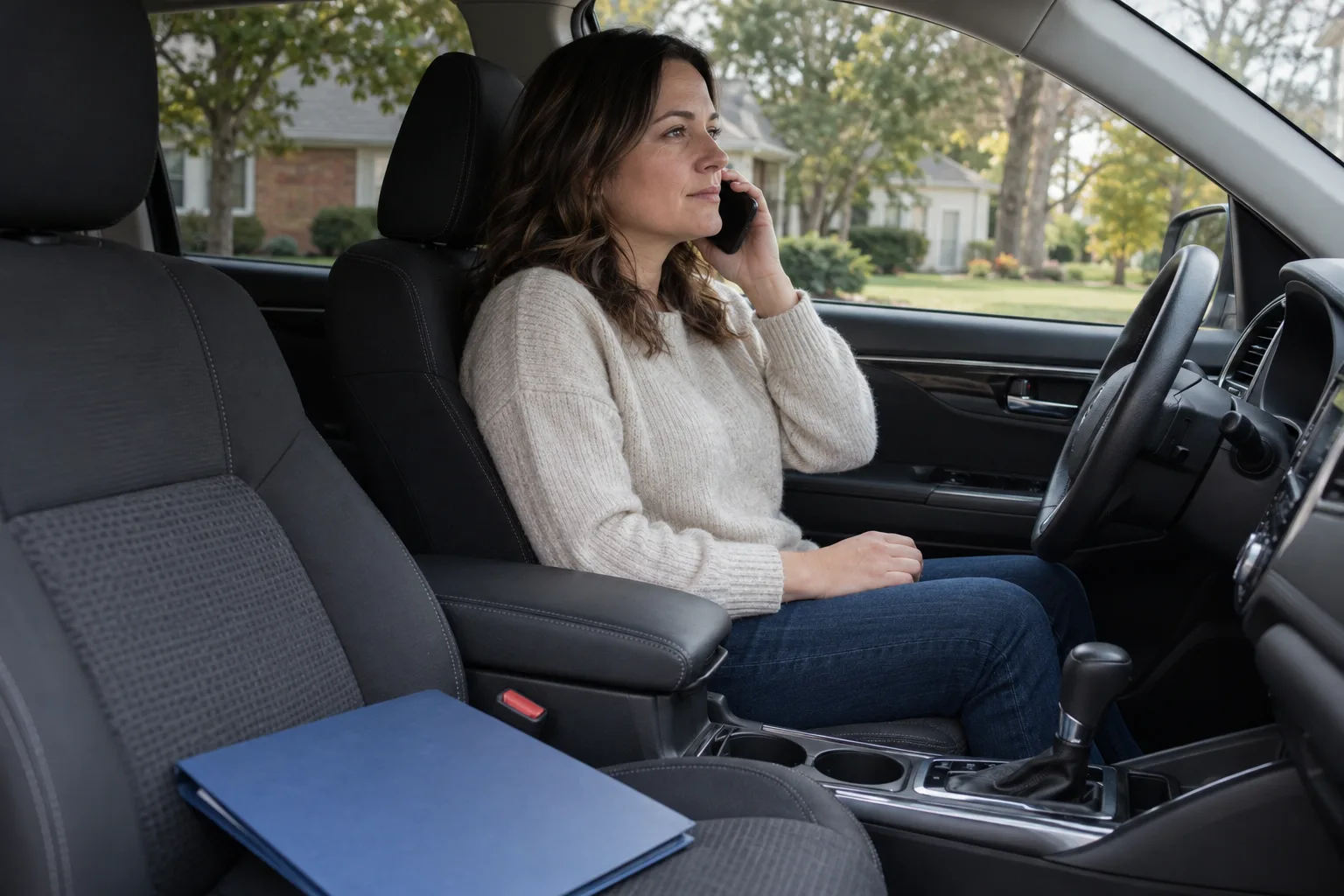 A driver makes a claim-related phone call from a parked car.