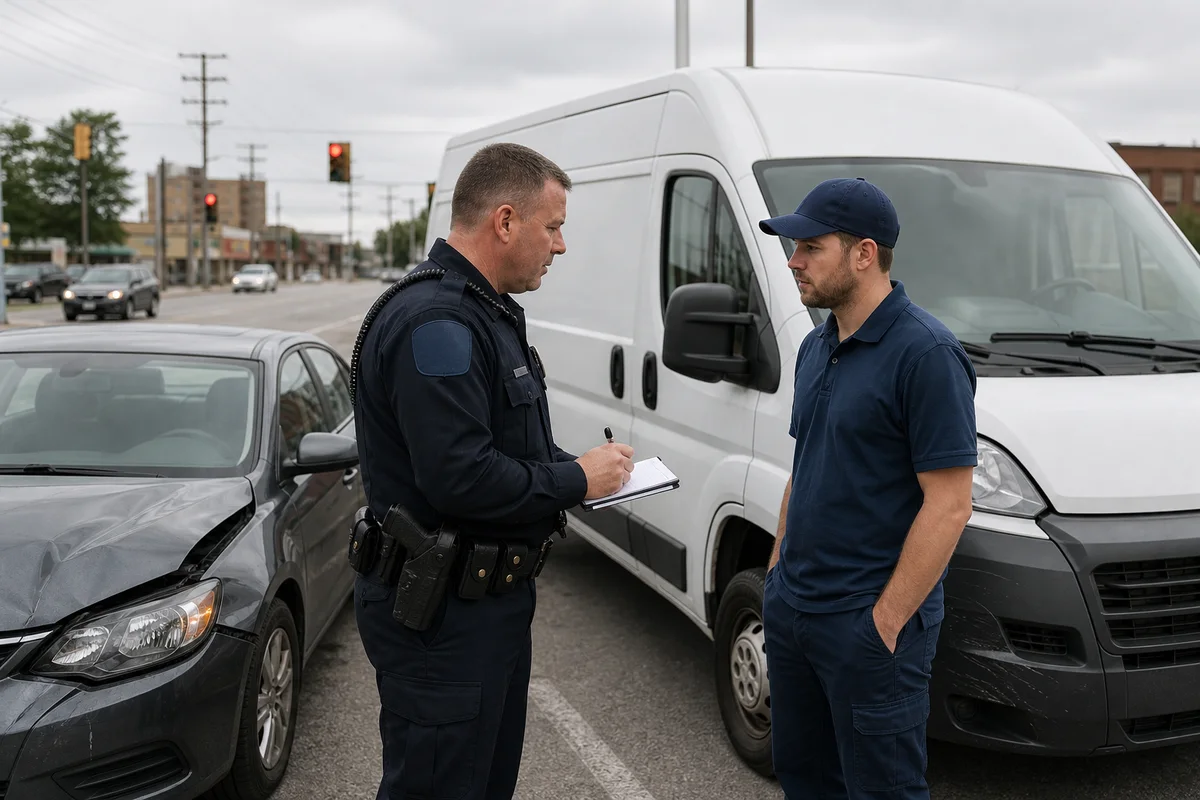 Police officer interviewing a delivery driver after a Fort Wayne company vehicle crash