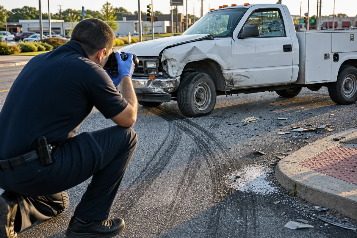 Crash investigator preserving tire mark and commercial vehicle damage evidence in Fort Wayne