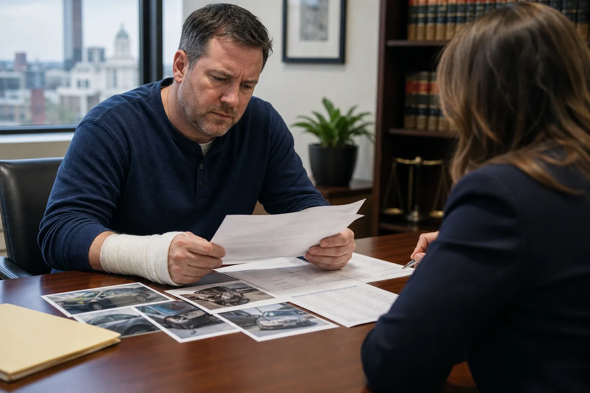 Injured Fort Wayne driver reviewing commercial insurance and crash evidence with counsel