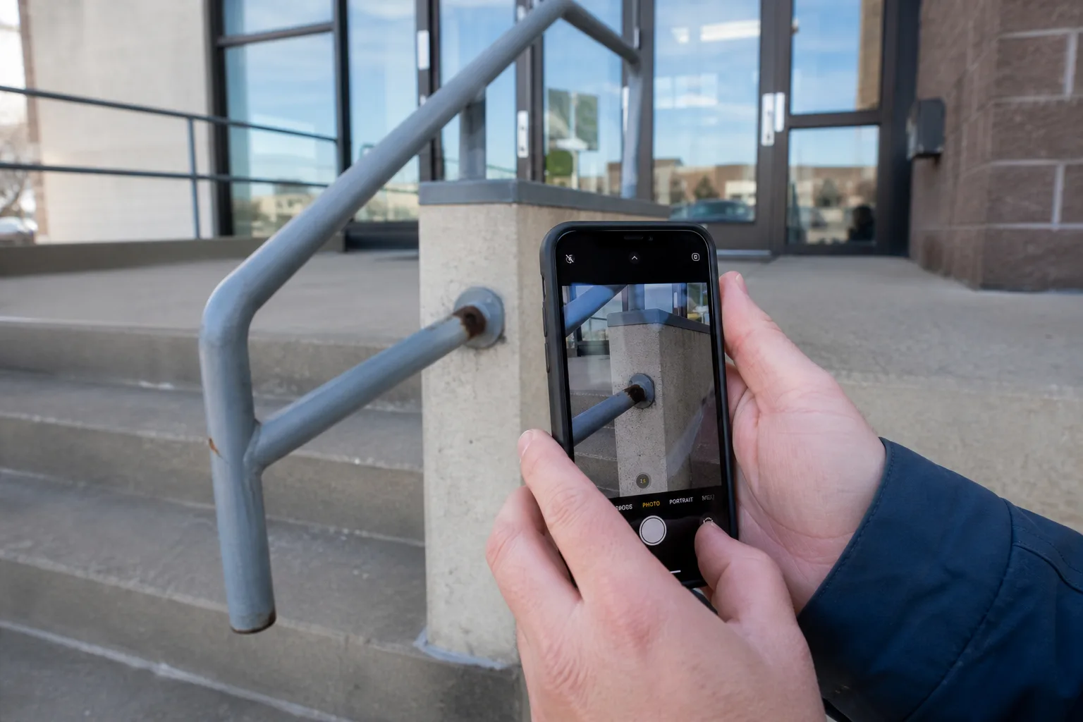 Person documenting a loose handrail at an Indiana commercial entrance