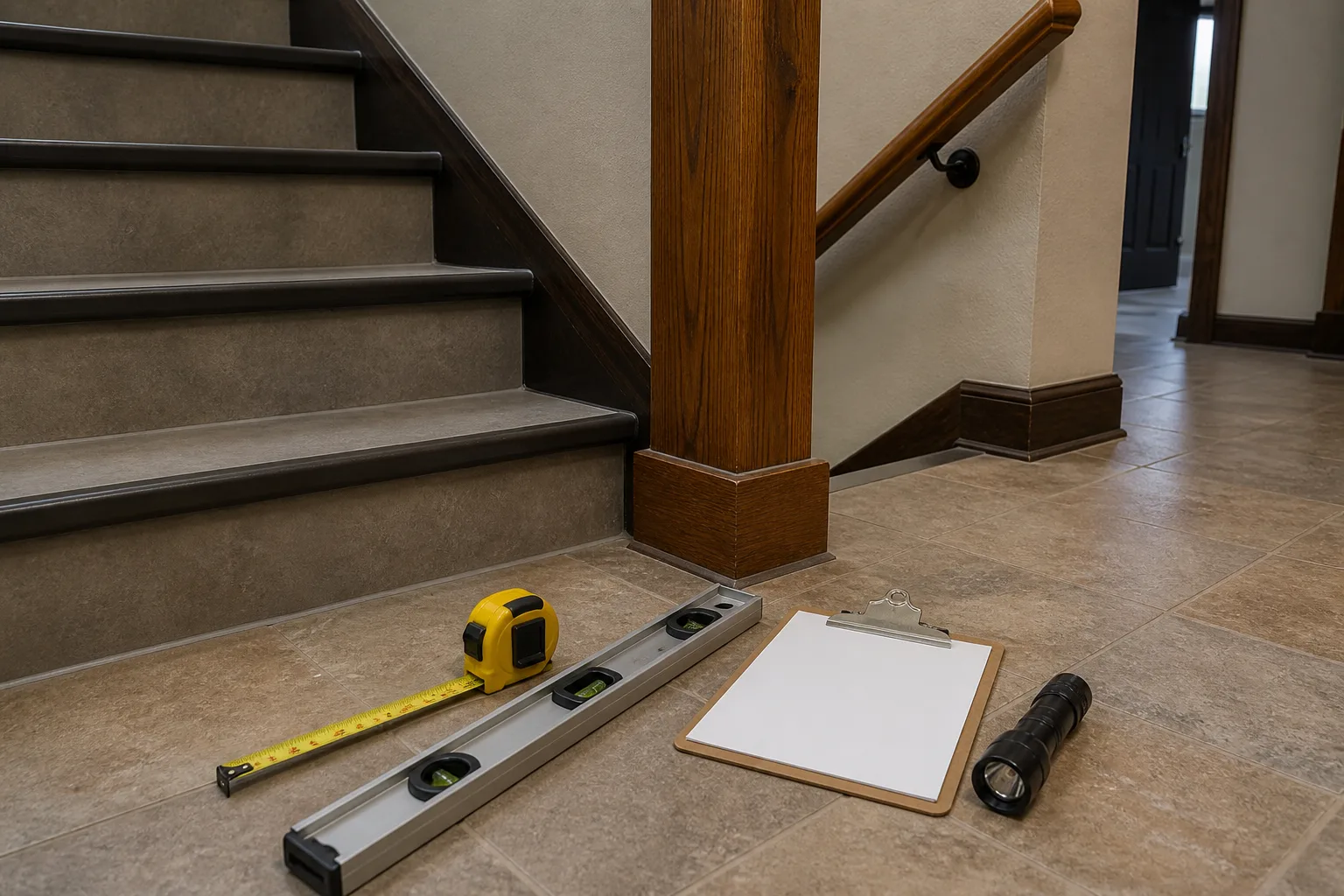 Inspection tools beside an indoor stair and handrail in Indiana