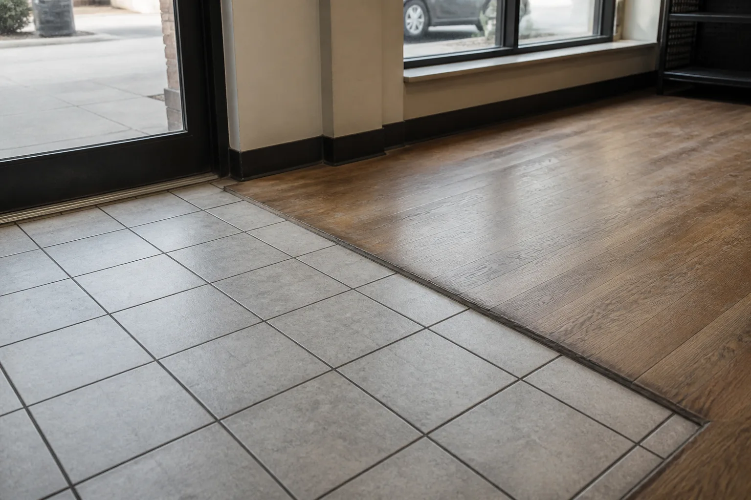 Uneven transition between tile and wood flooring at an Indiana business