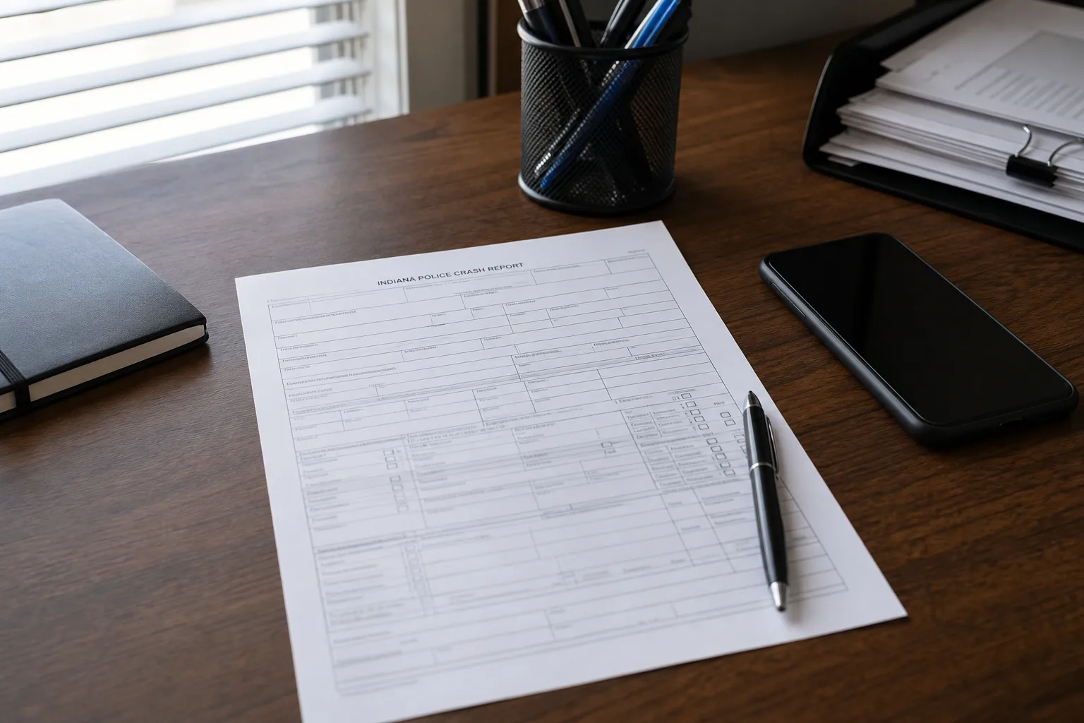 Indiana crash report paperwork and a pen on a desk