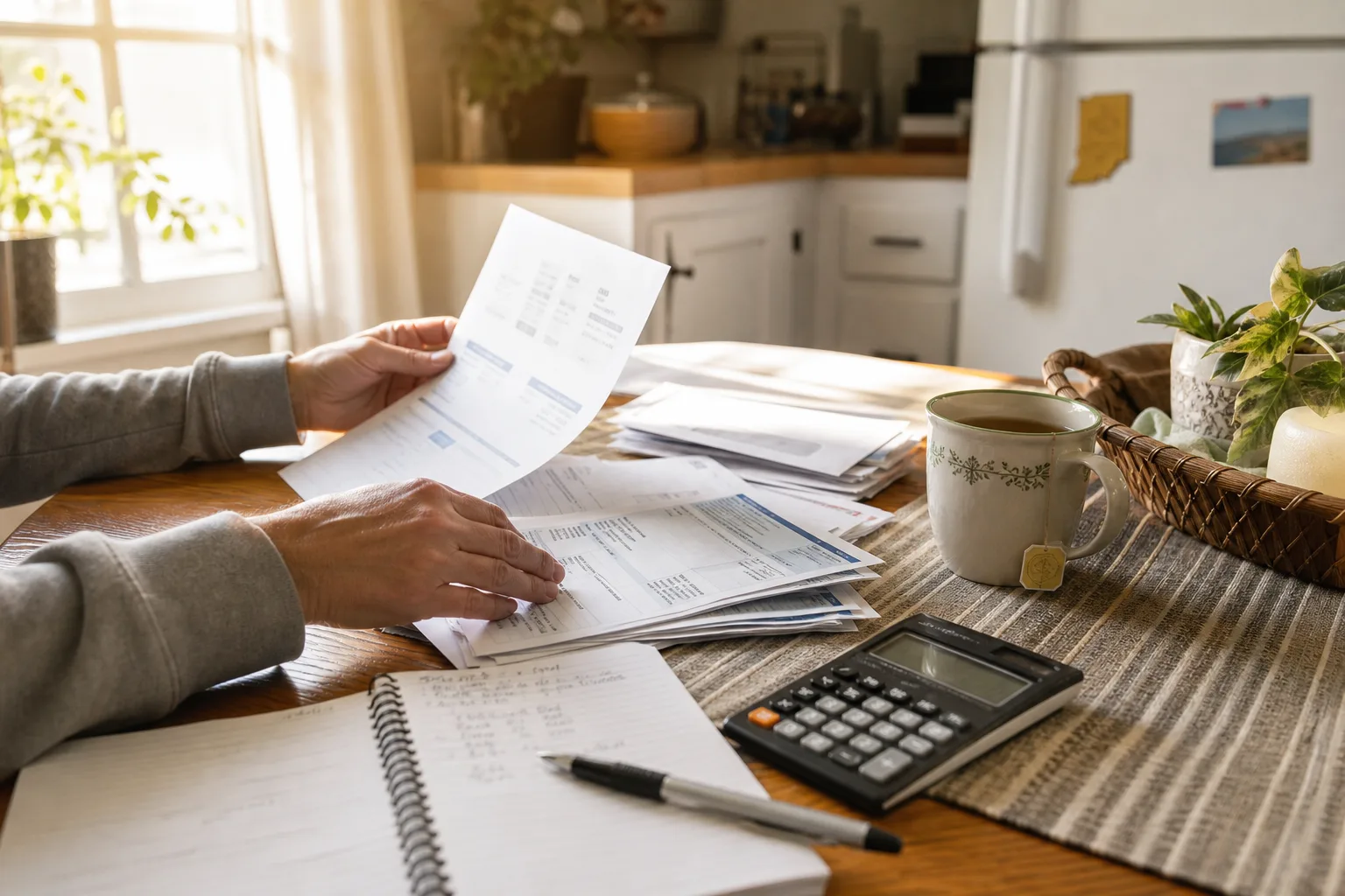 Hands organizing medical bills and insurance paperwork at a kitchen table